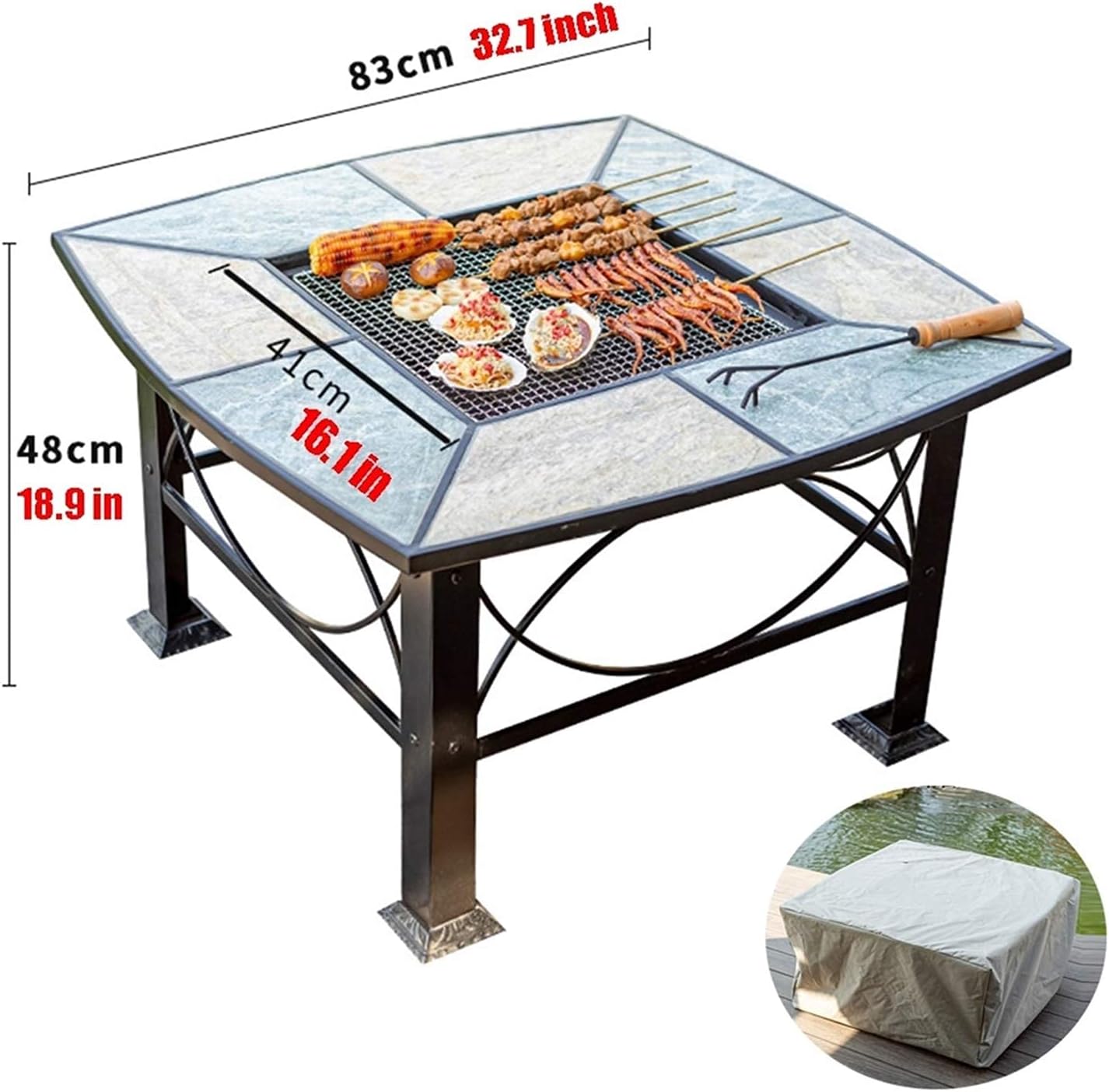 Garden Fire Pit Grill Bowl Grill Barbecue Rack Outdoor Fire Pit Square Wood-Burning Fire Pit Bowl, Garden Outdoor Heater, Barbecue Kit for Backyard Patio Courtyard