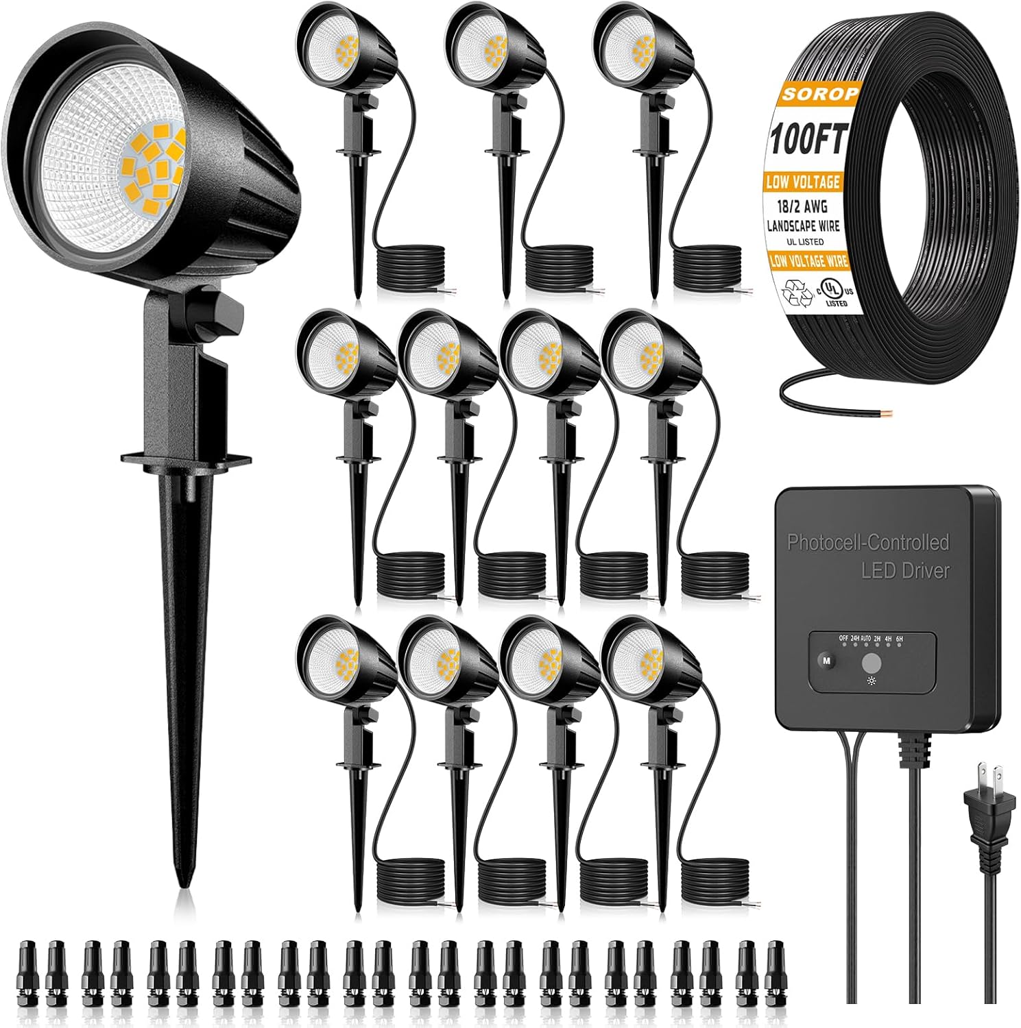 12W Landscape Lighting Kit, Low Voltage Landscape Lights with Transformer 100FT UL-Listed Wire & Connectors, 2700K Waterproof Outdoor Spot Lights for Yard House Tree 12V-24V 12Pack