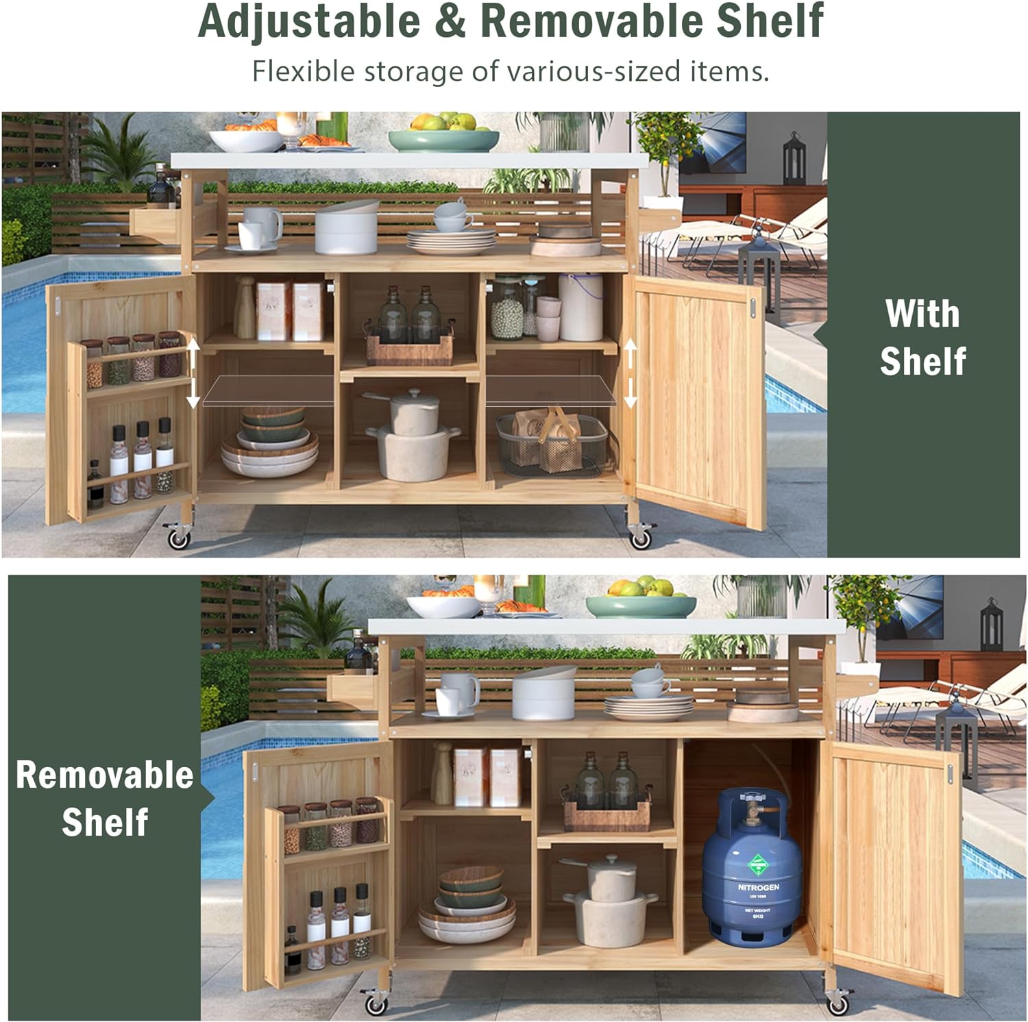 LZ LEISURE ZONE Large Outdoor Grill Table, Farmhouse Solid Wood Outdoor Kitchen Island Bar Table with Stainless Steel Top, Rolling Bar Cart with Storage Cabinet for Patio/Kitchen/Grill, Natural