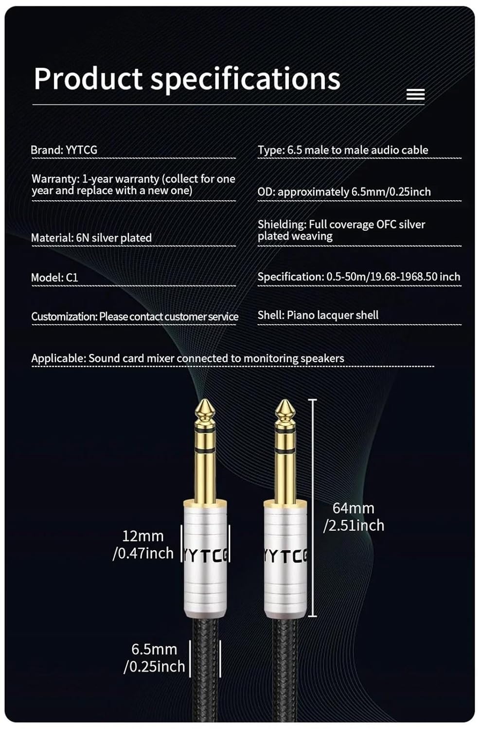 Guitar Audio Cable 6.5mm to 6.5mm Cable for Speaker Amp Instrument Guitar 6.35 Jack Male to Male 6N Silver Plated Stereo Aux Cable(0.5m)