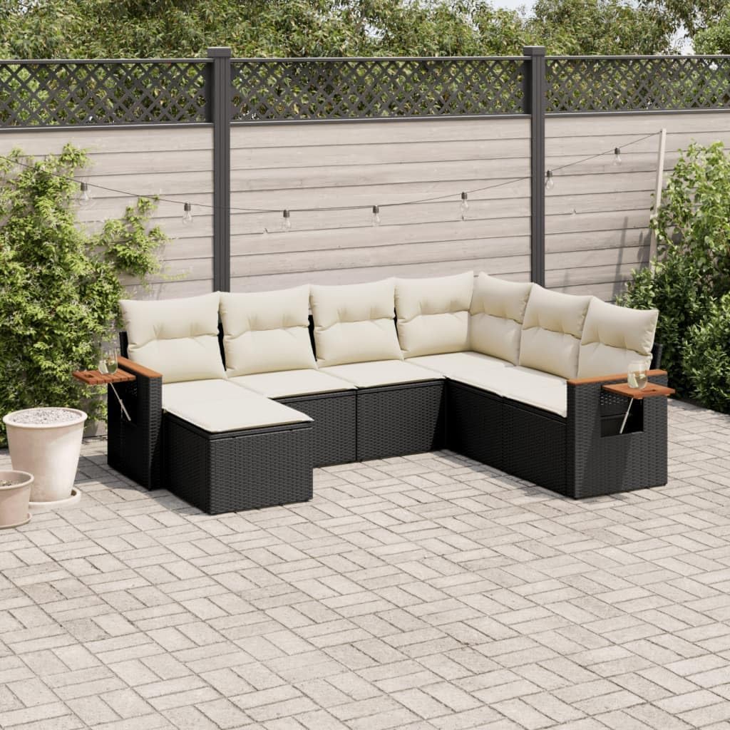 7-Piece Garden Sofa Set with Cushions, Black PE Rattan and Cream White Modular Outdoor Furniture for Patio, Durable Steel Frame and Removable Covers, Large Seating
