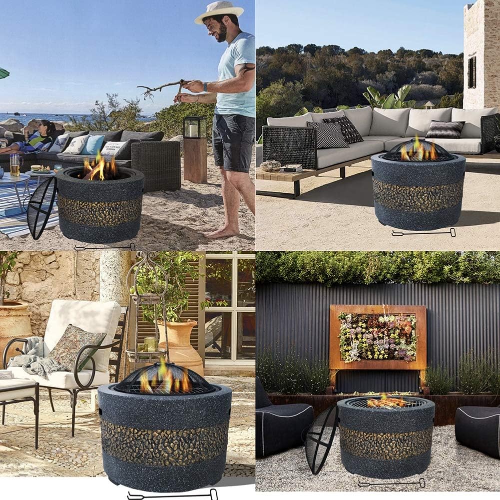 Fire Pit with BBQ Grill Shelf Outdoor 3 in 1 Multifunctional Metal Fire Pit Garden BBQ Firepit with Poker, Grill, Mesh Lid