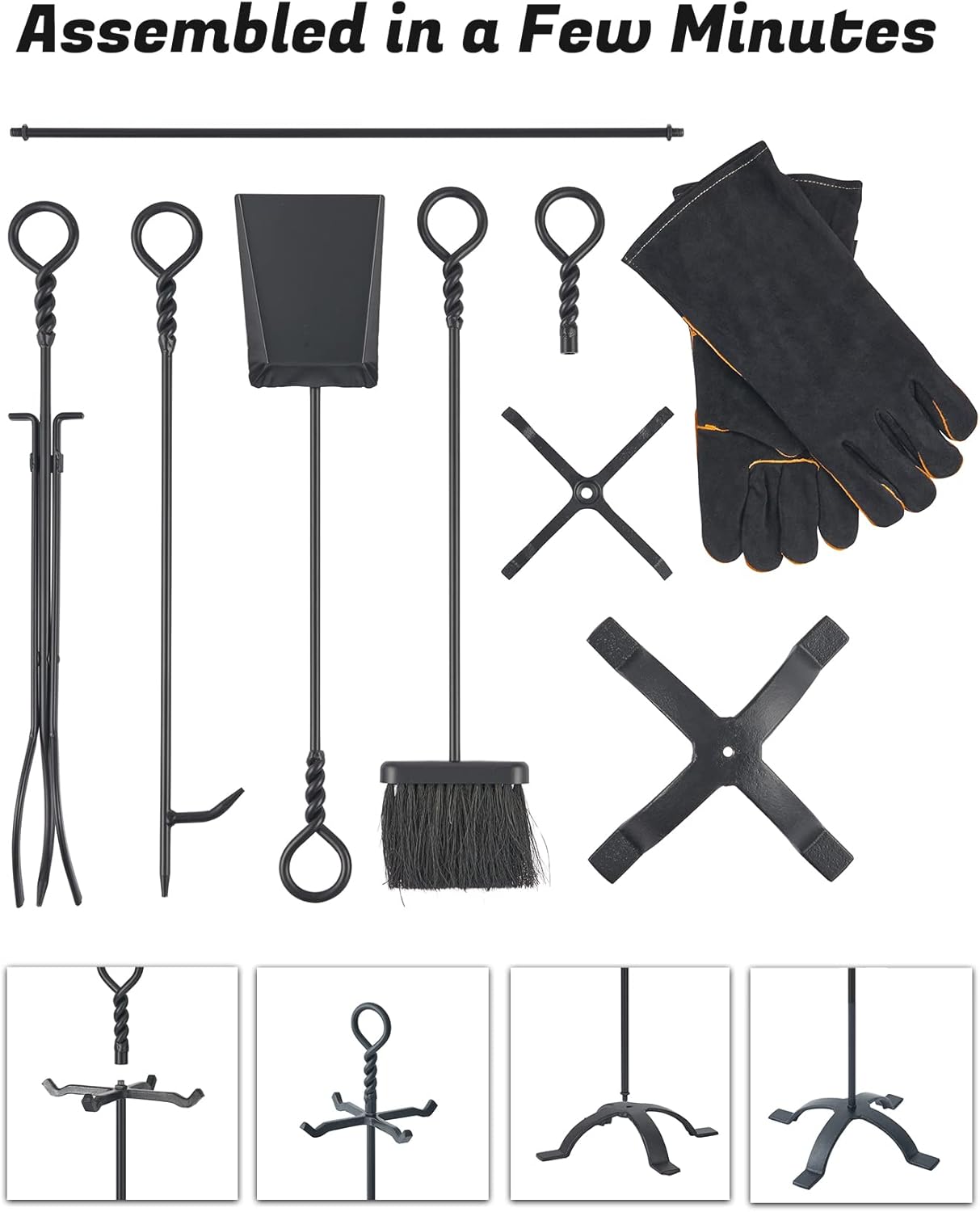 Lichamp Fireplace Tools Set, 5-Pieces Indoor Outdoor Sturdy Fire Place Poker Sets with Retro Handle and Heat Resistant Leather Gloves, FTS55BK