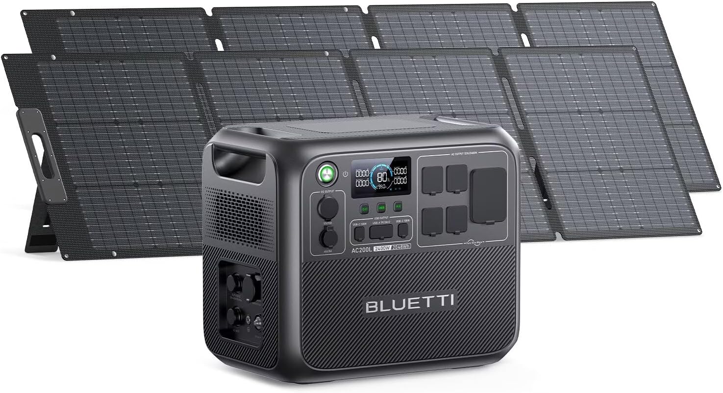 BLUETTI AC200L Solar Generator with 2 200W Solar Panel (Ship Separately), 2048Wh LFP Battery Backup w/ 4 2400W AC Outlets (3600W Power Lifting), Portable Power Station for Camping, Home Use, Emergency