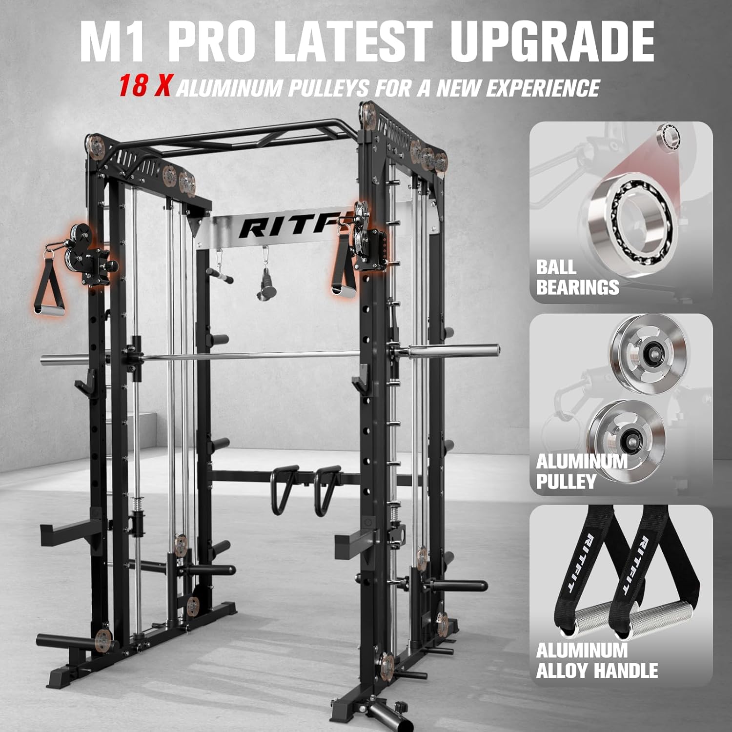 RitFit M1 Pro Smith Machine Package, All-in-One Power Cage with Weight Stack Set, Includes LAT Pulldown & Cable Crossover System for Home Gyme