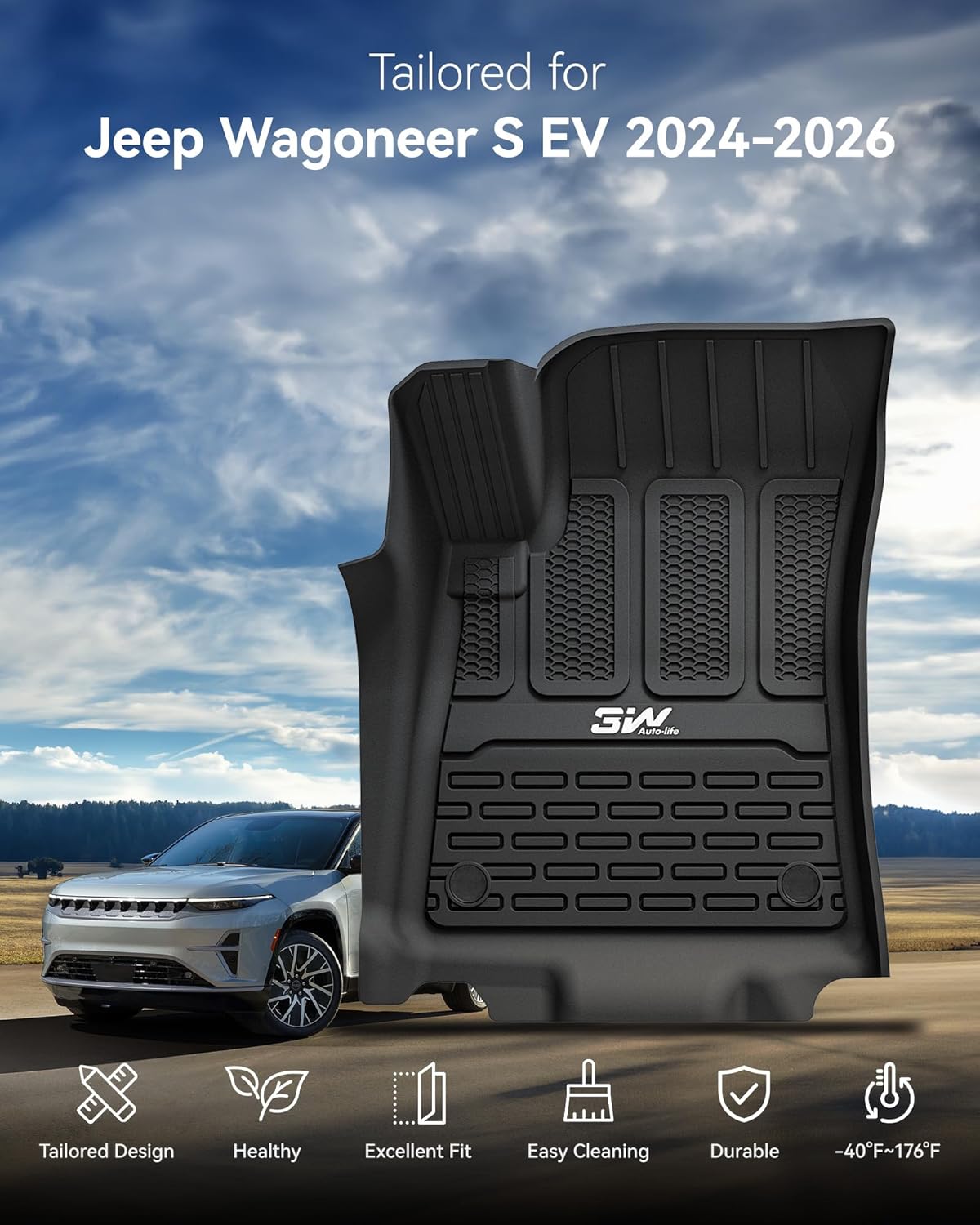 3W Floor Mats & Seat Back Mats & Cargo Liner for 2024-2026 Jeep Wagoneer S EV, All Weather TPE Custom Fit Set Car Floor Mats, Jeep Wagoneer S EV Full Set Floor Mats Accessories, Black