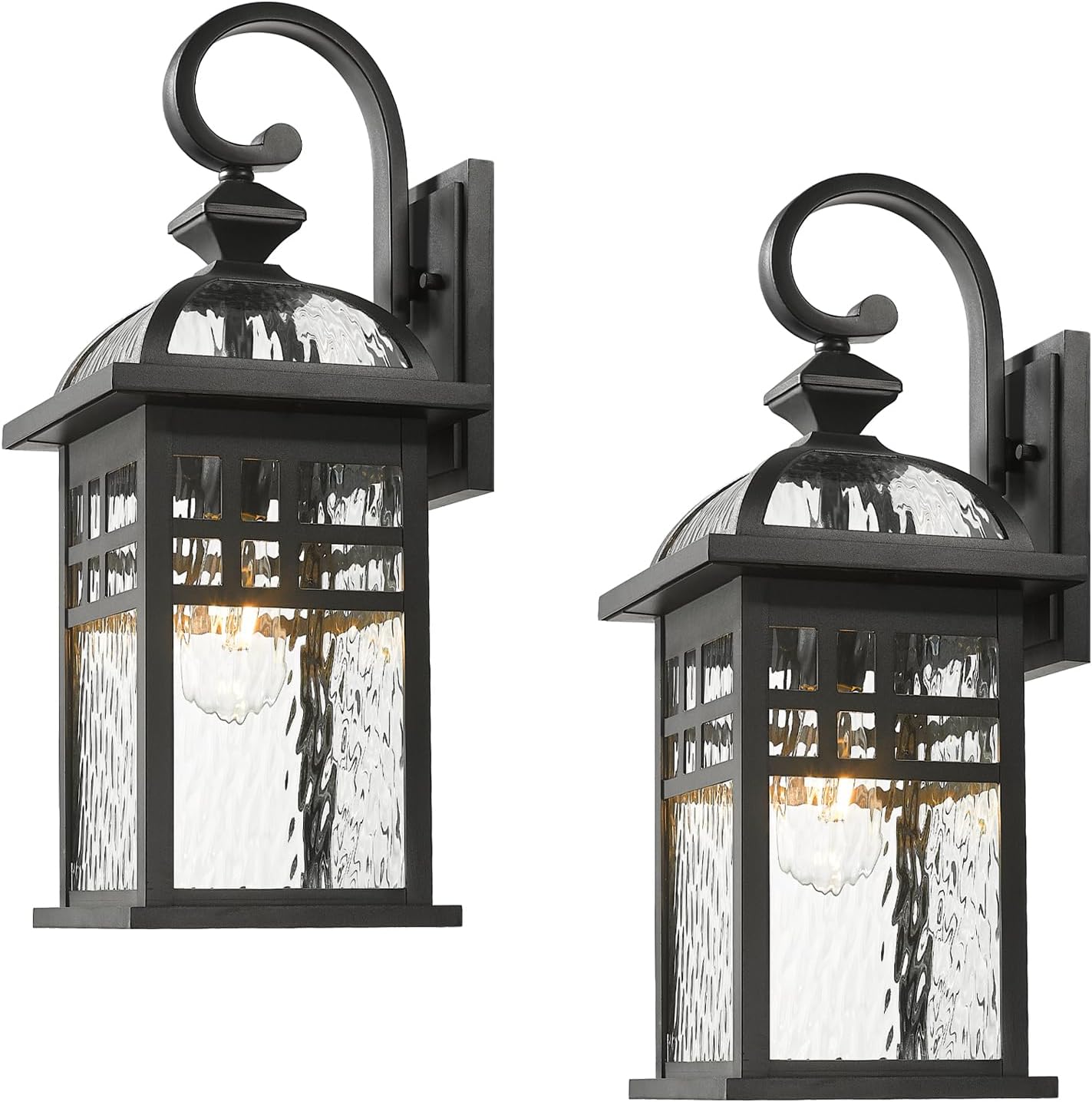 2-Pack Outdoor Wall Lanterns Exterior Waterproof Wall Sconce Light Fixture Black Outdoor Lighting Fixture with Water Ripple Glass Shade Outside Porch Light for Garage Patio and Doorway