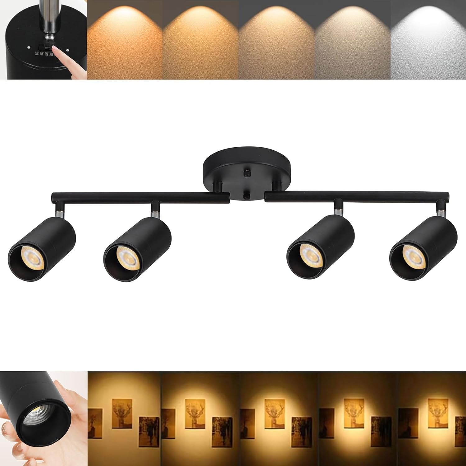 5Color LED Track Lighting Kit 4 Lights Dimmable 48W Track Light,Zoomable15°/24°/36°/45°/60°-2700K/3000K/3500K4000K/5000K,Track Lighting for Accent Task Kitchen,Lumen 4800 (Black)