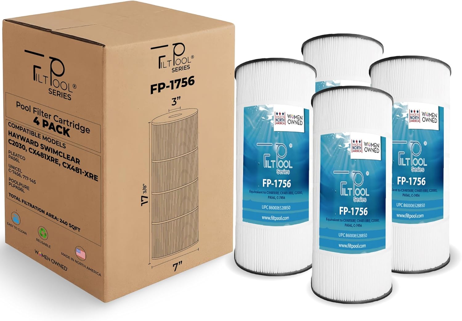 FP-1756 - Pool Filter Replacement for Hayward SwimClear C2030, CX481XRE, CX481-XRE, PA56L, Unicel C-7456, 717-145, PLPA56L, FP-1756 - Swimming Pool Cartridge Filter - 4 Pack, 60 SQFT/pc