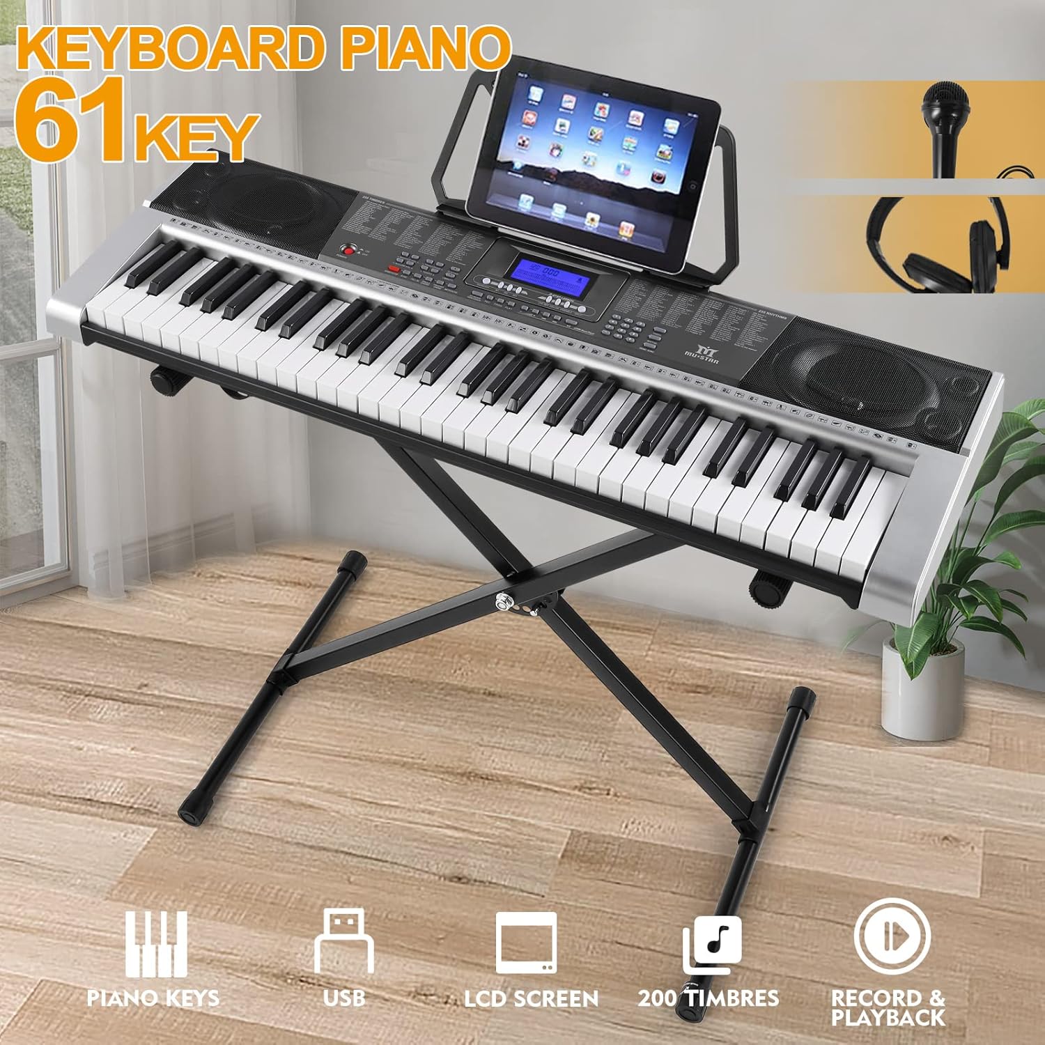 MUSTAR 61 Key Piano Keyboard, MEK-300 Electric Keyboard Piano with Stand, Full Size Keyboards Piano 61 Key for Beginners, LCD Screen, Headphones, Microphone, Power Adapter, Birthday Gifts