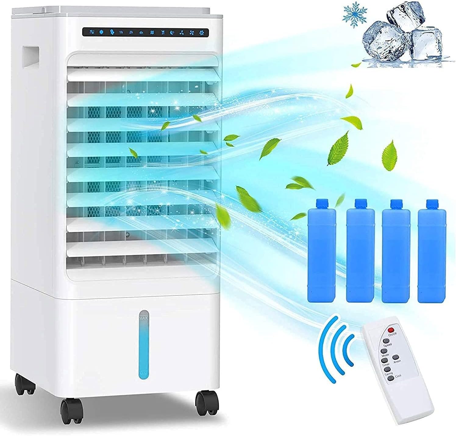 Portable Air Cooler, Mobile Air Conditioner Fan Purifier, Humidifier with Wheels And 5L Dual Water Tank, 3 Modes, 3 Speeds, Remote Control