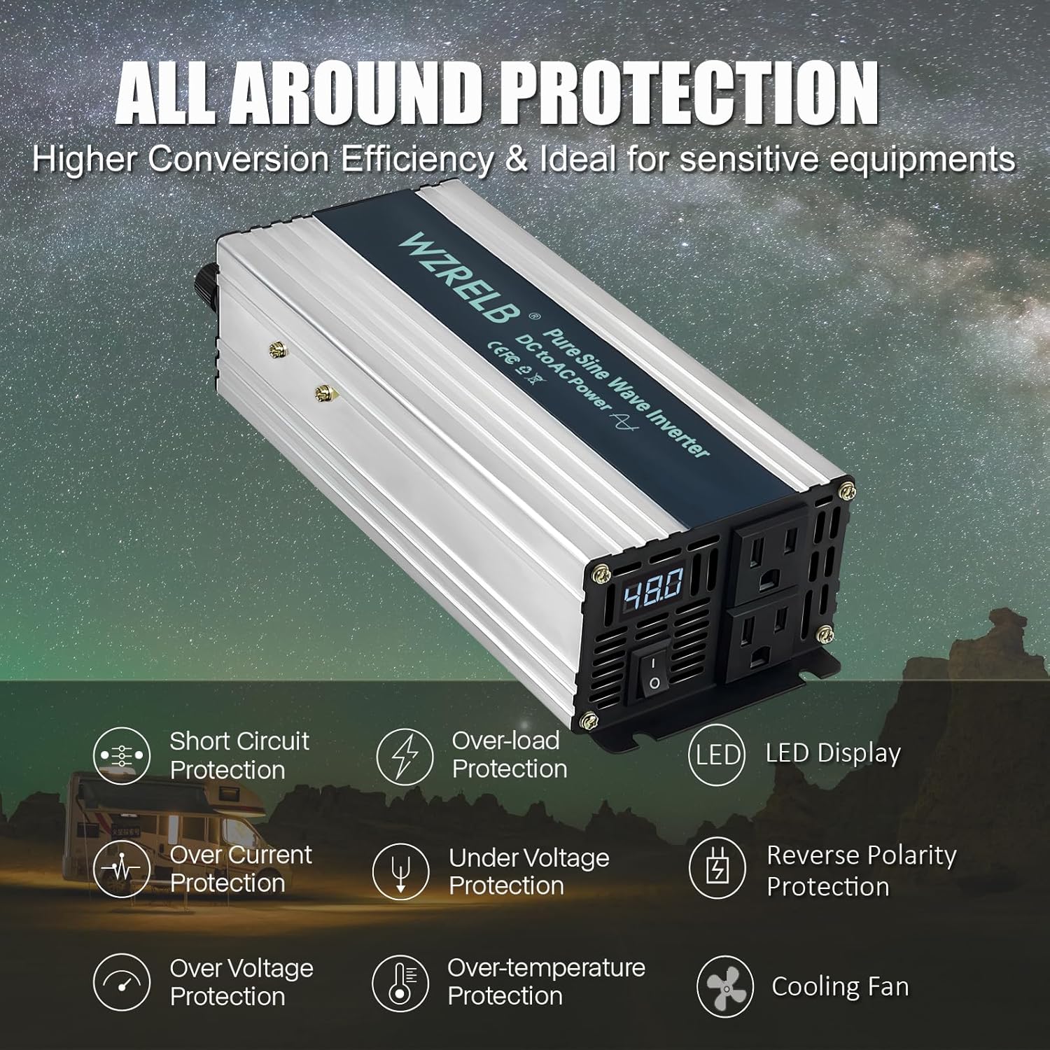 WZRELB 500W Pure Sine Wave Inverter 48V DC to 110V 120V AC Power Converter with LED Display, Off-Grid Portable Power Inverter with 2 AC Outlets for Home, RV, Truck, Camping