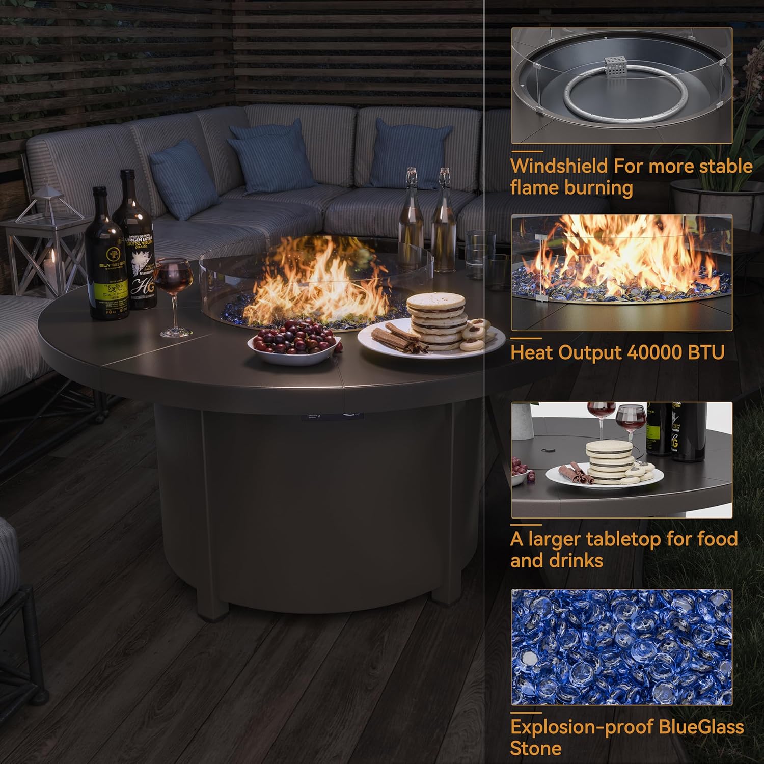 ALAULM Round Gas Fire Pit Table 48in, 40000 BTU Outdoor Propane Fire Pit with Round Metal Tabletop, Adjustable Flame,Windshield & CSA Certification for Outside Patio and Garden