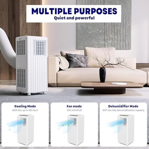8000 BTU Portable Air Conditioner, Remote Control Air Conditioner with 24 Hour Timer, Cools up to 350 Sq. Ft. Low Noise/Energy Saving/Cooling for Bedroom, Office, White