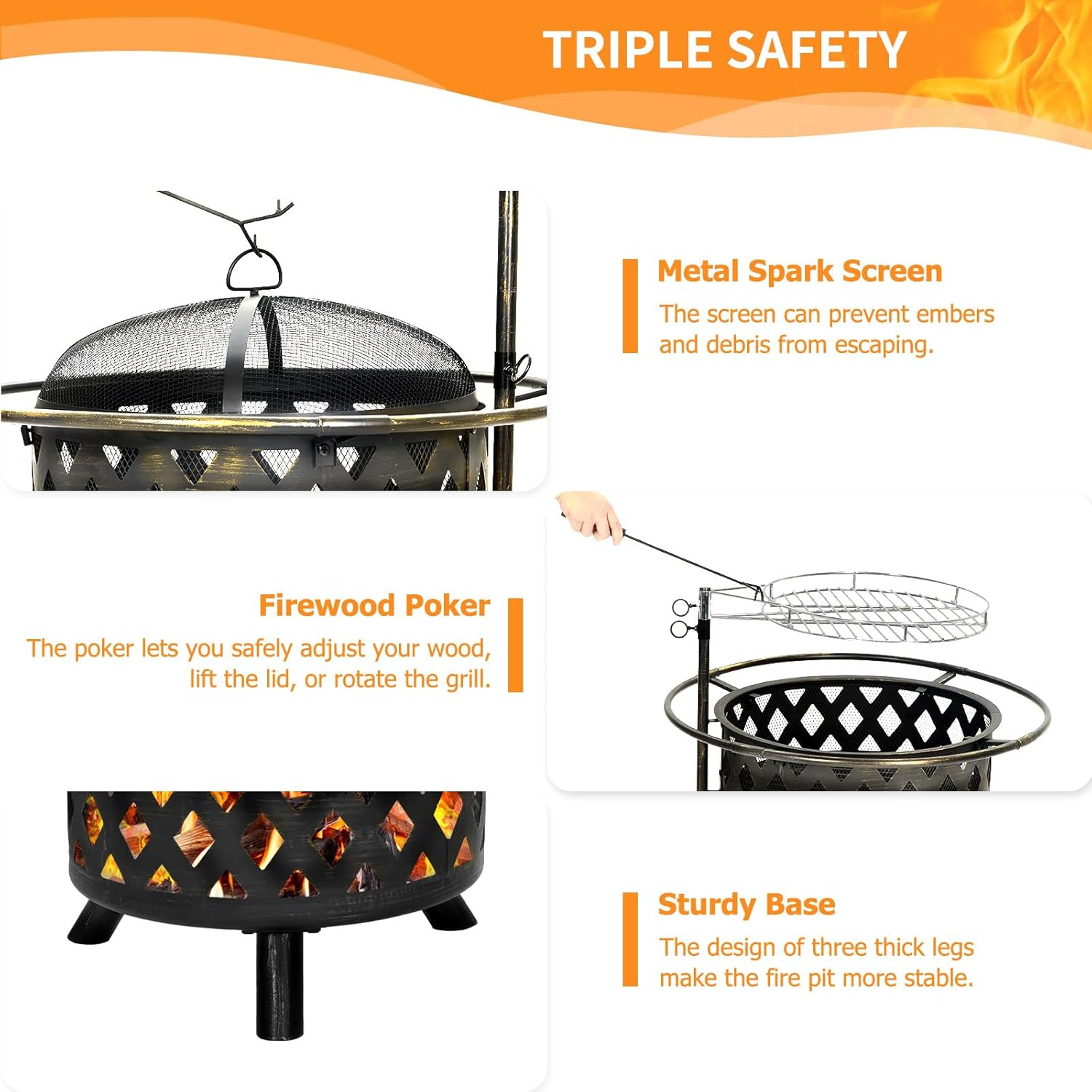 UDPATIO 2 in 1 Fire Pit with Grill for Outside Round 30 Inch Outdoor Wood Burning Firepit Large Steel Firepit with Swivel Cooking Grate Lid Poker, BBQ Grill for Backyard Bonfire Patio