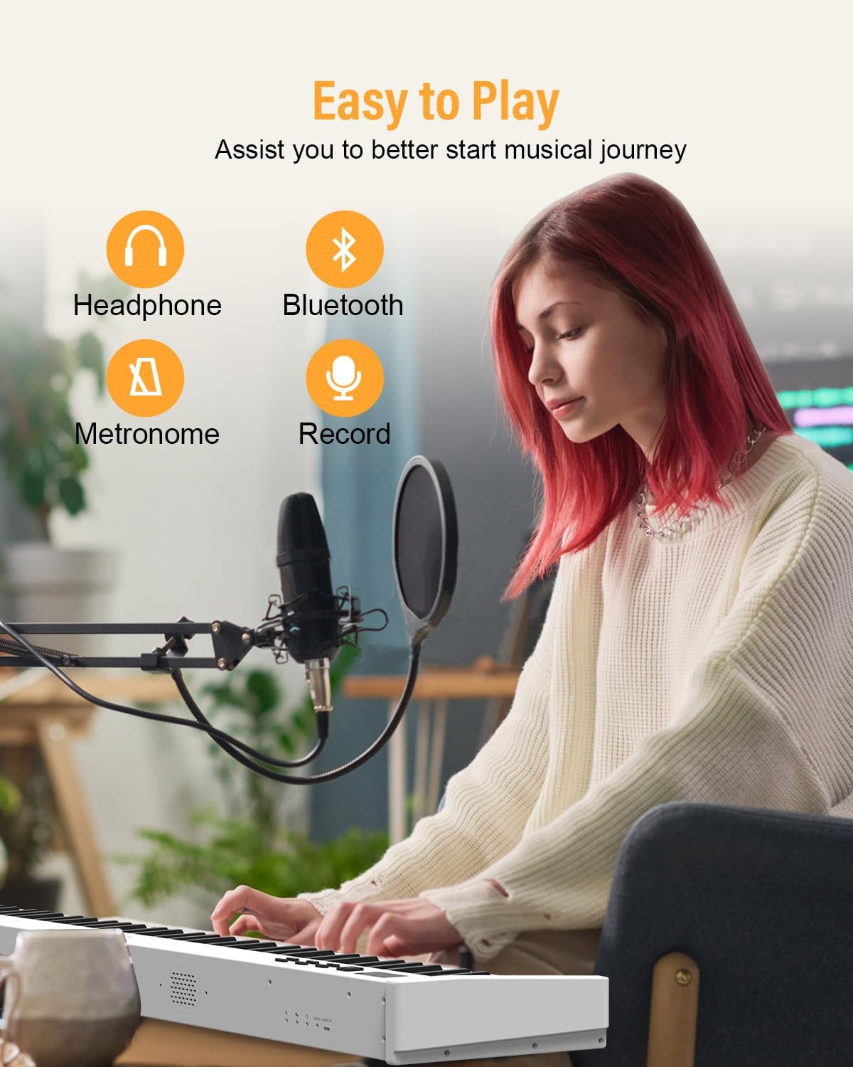 KONIX 88 Key Semi Weighted Keyboard Piano, Full Size Digital Piano with Double X Stand, Portable Keyboard Piano for Beginner Include Sustain Pedal, Power Supply and Piano Bag - White