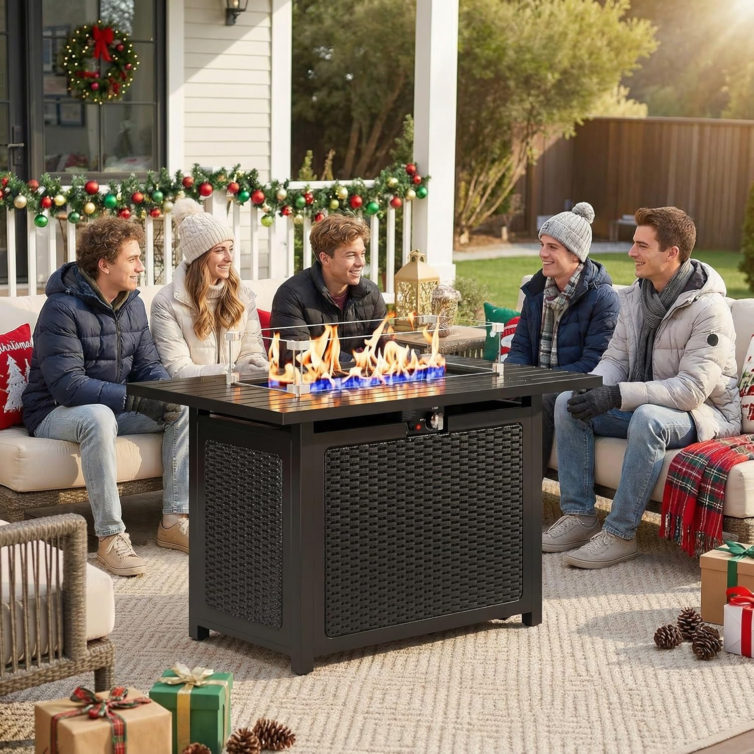 Black Propane Fire Pit Table, 50000 BTU Gas Fire Pits Table with Removable Lid and Lava Rock, Rectangular Fire Table with Cover, Ideal for Dining or Party on Patio, 43'', Garden, Yard