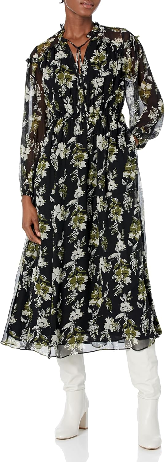 Shoshanna Womens Arya Olive Leaf Floral Print Long Sleeve Midi Dress