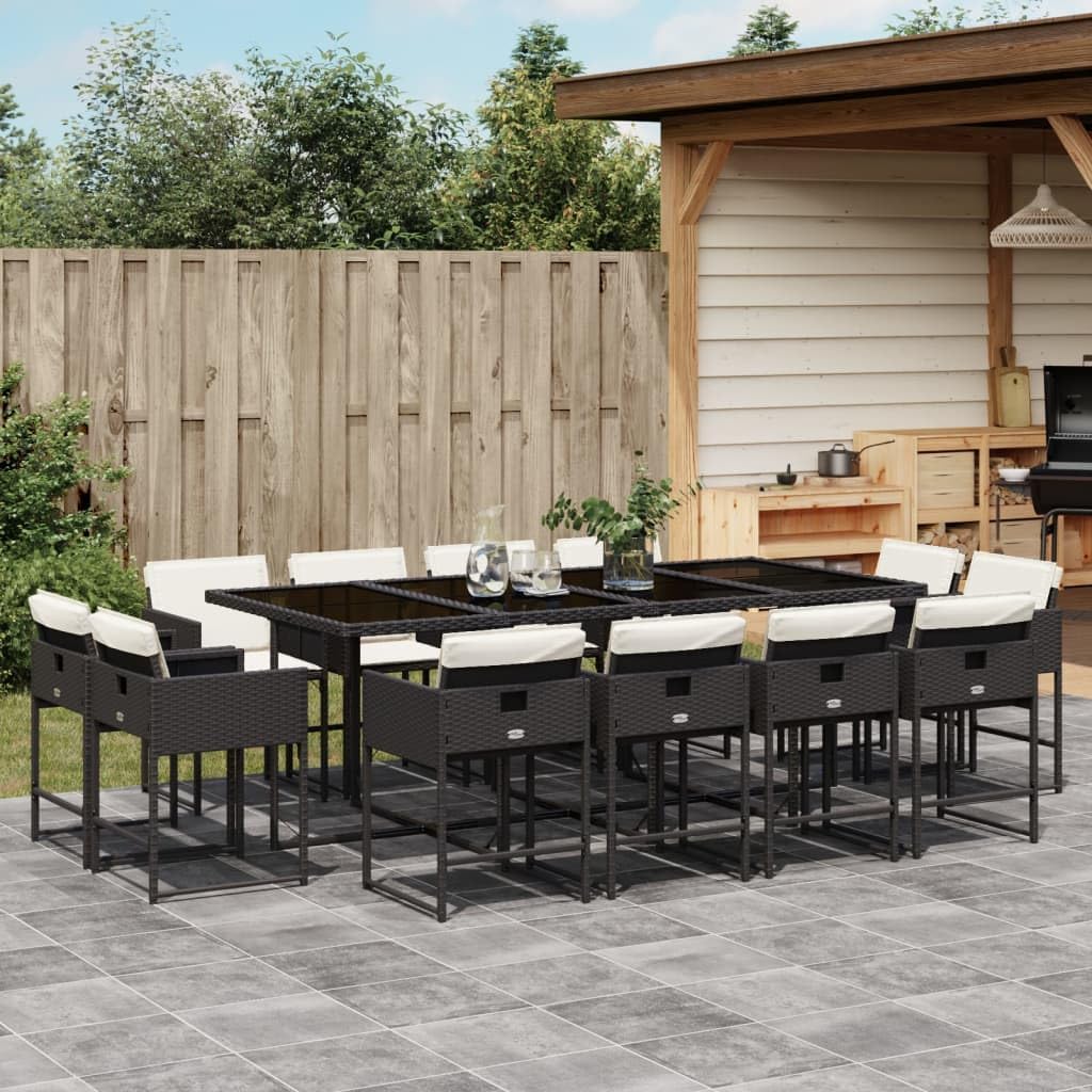 13 Piece Patio Dining Set with Cushions Black Poly Rattan,AllWeather Outdoor Dining Set with Rattan Chairs and Glass Table for Patio, Garden, and Backyard Furniture Sets for Patio, Lawn & Garden
