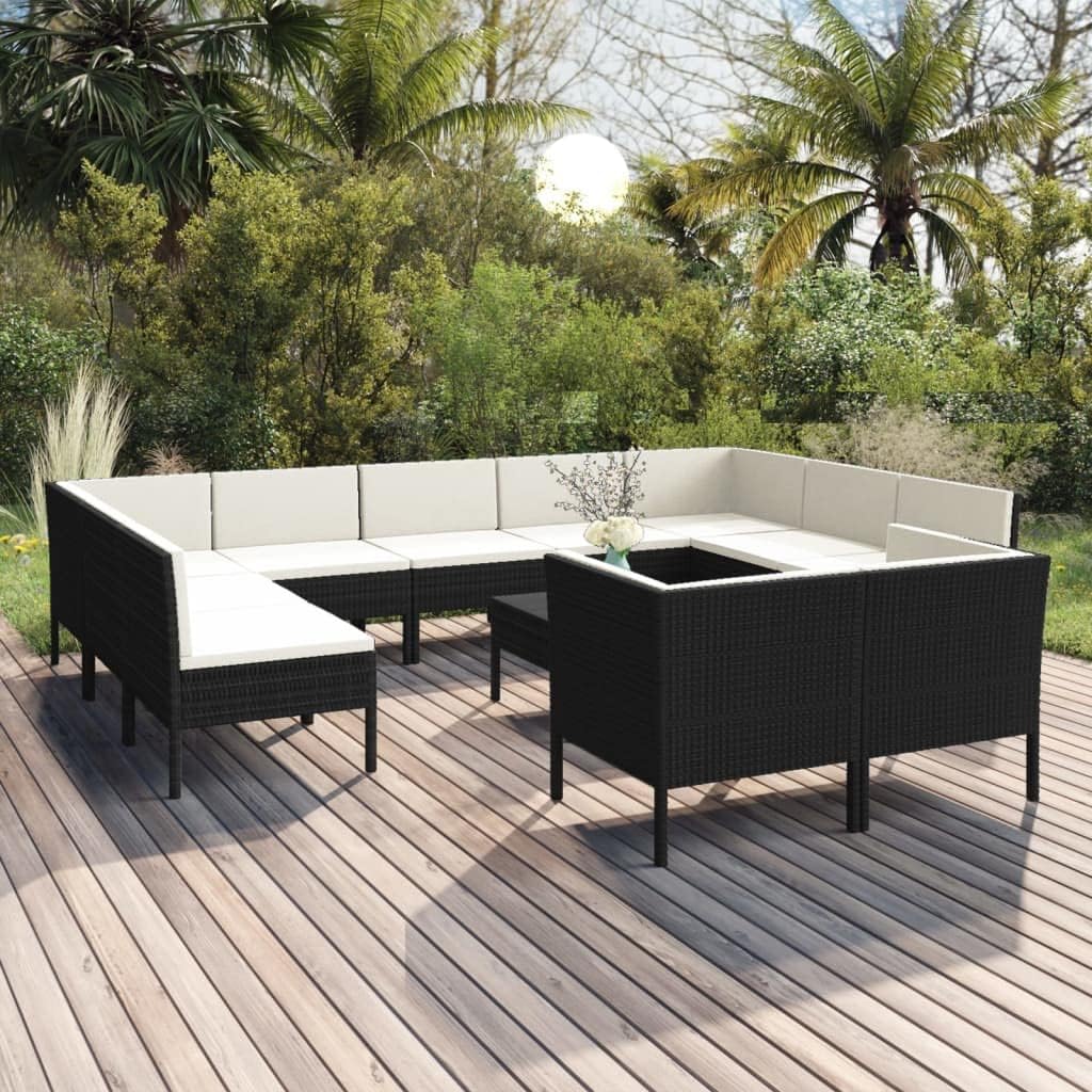 12 Piece Patio Lounge Set with Cushions Poly Rattan Black,Black Patio Lounge Set with WeatherResistant Rattan and Cushioned Seating for Outdoor and Garden Furniture Sets for Patio, Lawn & Garden