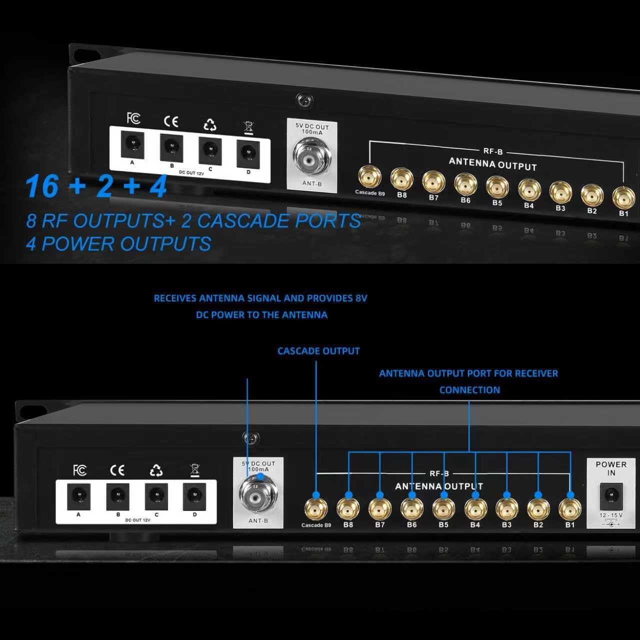 Wireless Antenna Distribution Combiner System, 18 Channels UHF Active Directional Receiver w/ 16 Outputs + 2 Cascade Ports, Microphone Signal Amplifier with Paddle for Stages, Live Shows - 984ft Range