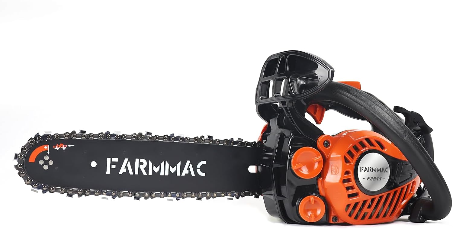 FARMMAC 12 Inch Top Handle Gas Chainsaw, 2-Stroke 25cc Lightweight Chain Saw for Tree Trimming, Wood Cutting & Yard Maintenance