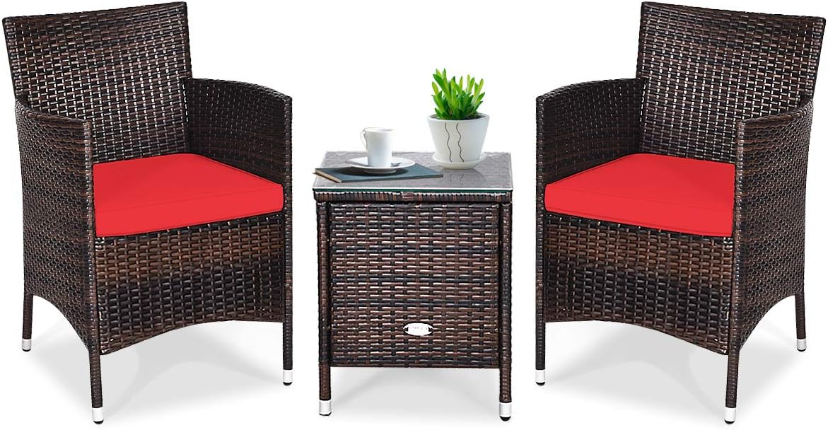 COSTWAY 3 PCS Patio Furniture Set, Outdoor Wicker Conversation Set with Tempered Glass Coffee Table, Seat Cushions, Rattan Wicker Chairs for Poolside Balcony Porch Backyard, Red