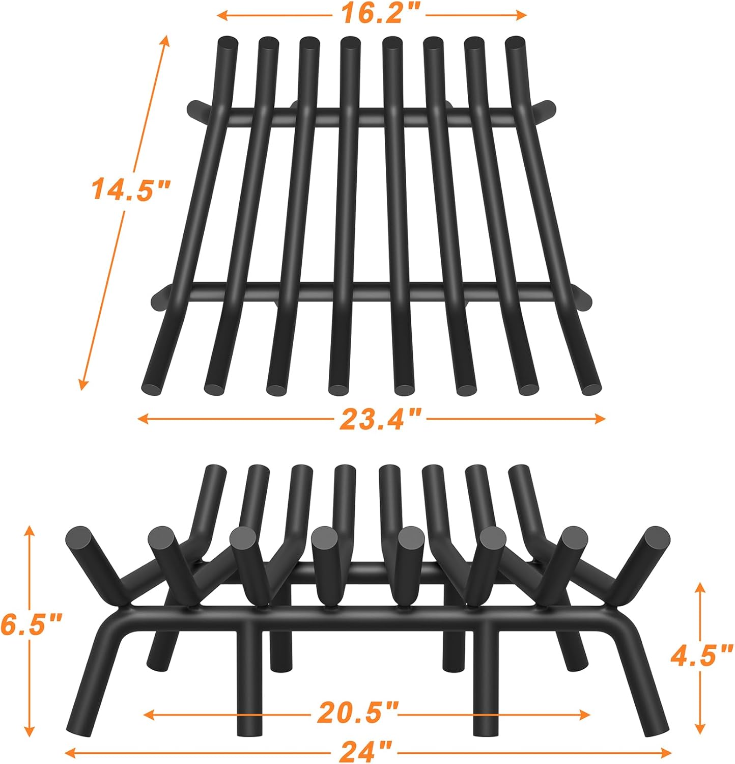 Fireplace Grate 24 Inch with 8 Support Legs, Round Solid Steel Heavy Duty Fireplace Log Holder with Fire Tongs & Poker, Fireplace Log Grate for Indoor Fireplace and Outdoor In-ground Firepit