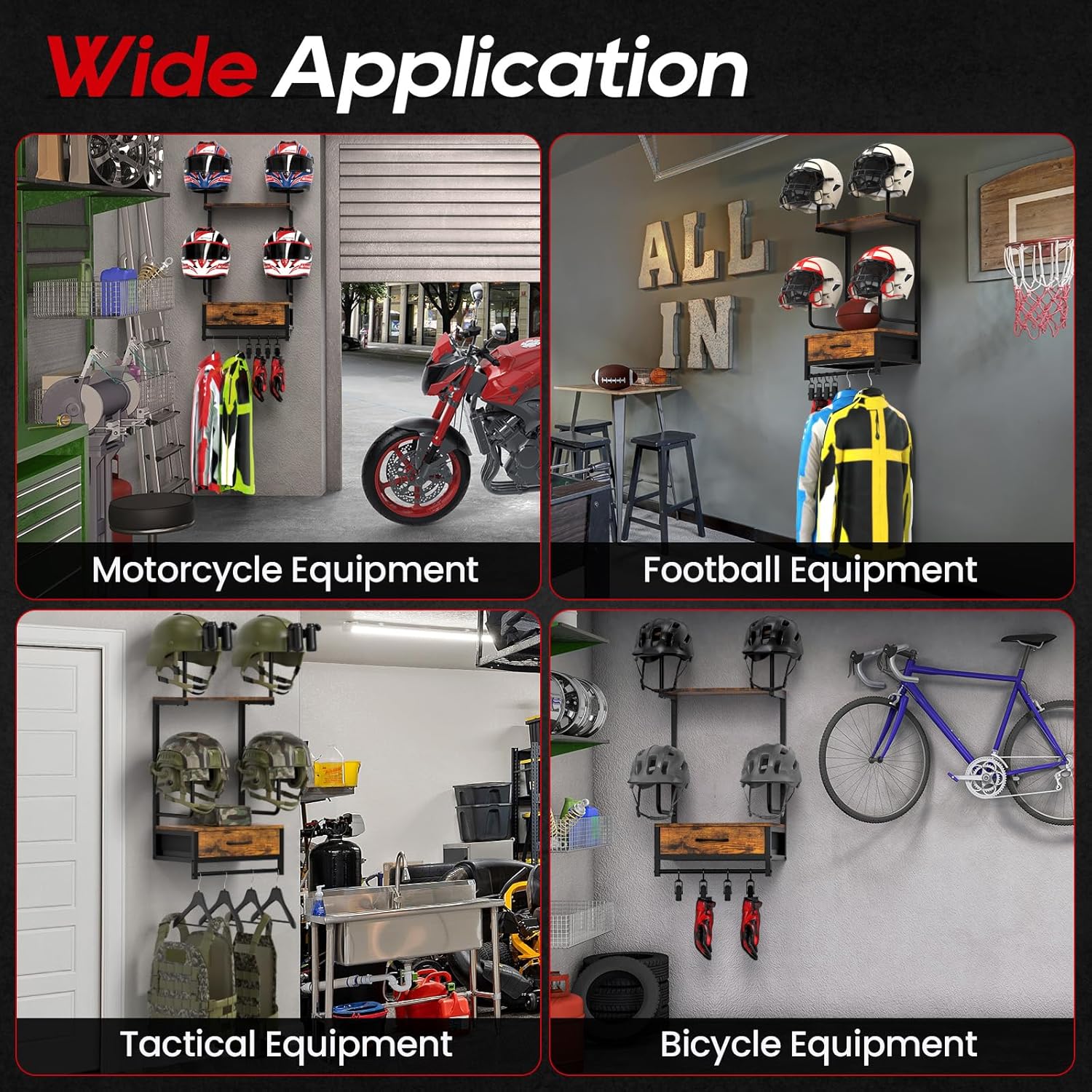 Helmet Rack Wall Mount, Motorcycle Helmet Holder Plate Rack Display Organizer with Motorcycle Accessories Helmet Hanger Wall Mount for Football (Vintage Black, 4 pack)