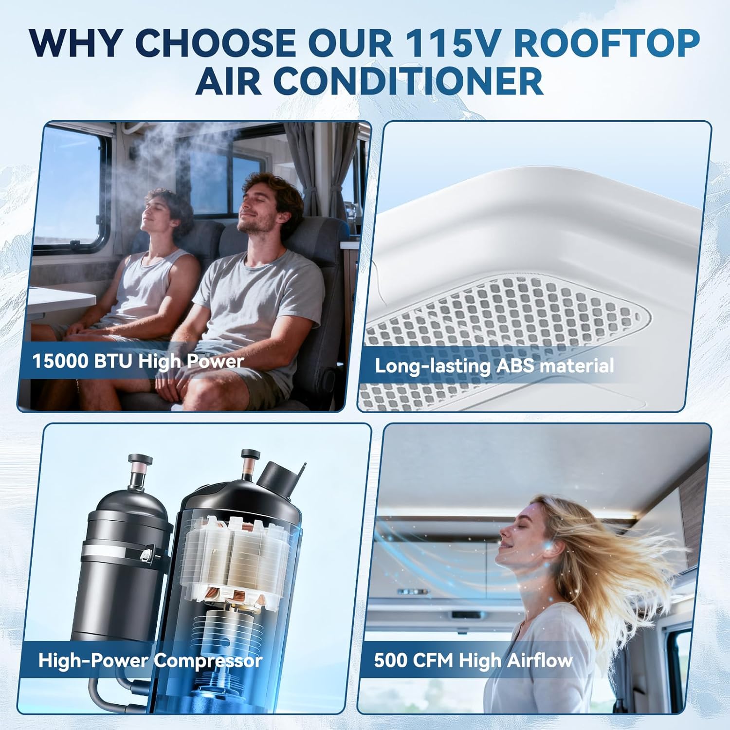 Rooftop RV Air Conditioner with Heat, 15000 BTU Cooling & Heating, 52 dB Ultra Quiet, Non-Ducted Easy Install for Camper Trailer Motorhome RVs Food Trucks, 115V, Scroll compressor