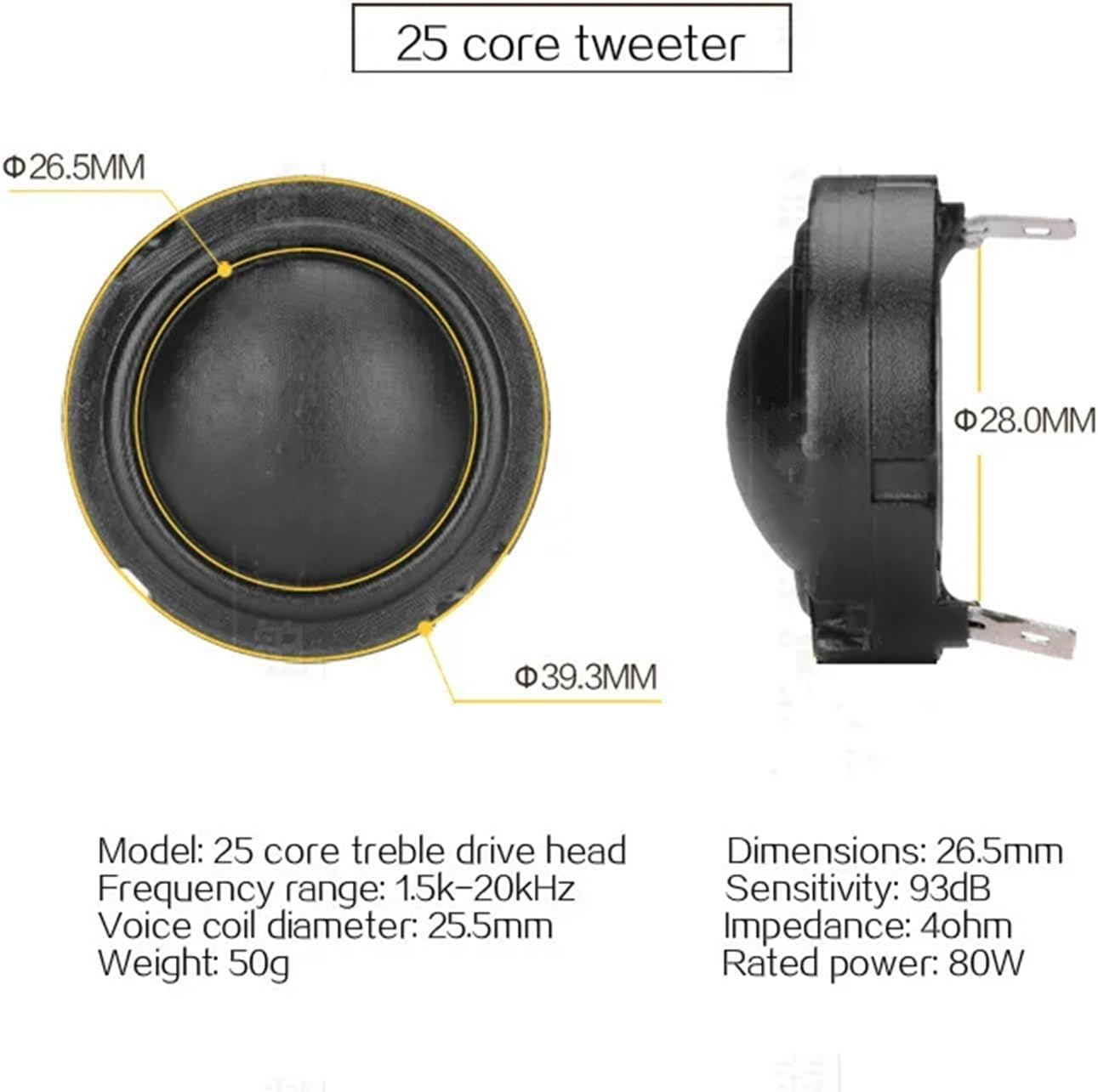 2Pcs 1.5inch Audio Speakers 4Ohm 80W 25Core Fiber Membrane Rubidium Magnetic Speaker HiFi Enthusiasts Treble Tweeter Head(8 Ohm Speaker)