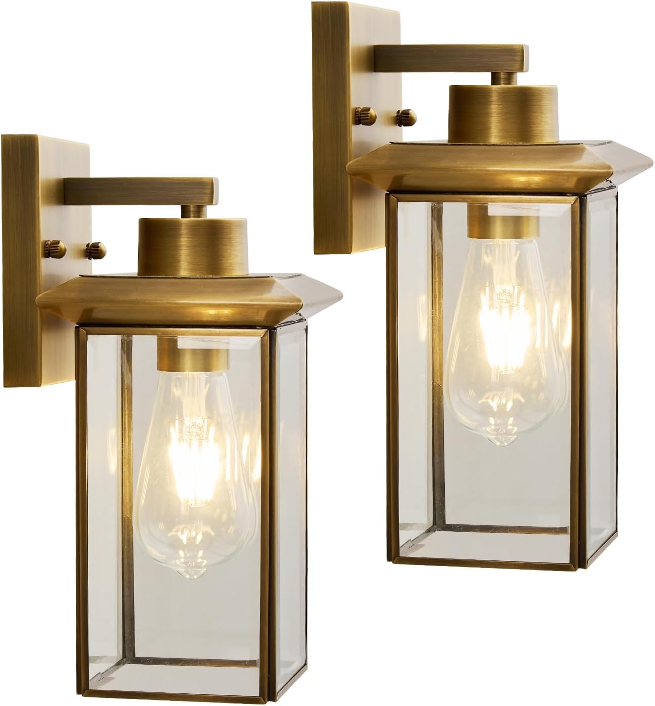 Brass Outdoor Wall Light Fixtures, Exterior Waterproof Lanterns, Porch Wall-Mounted Lights with E26 Socket and Glass Shade – Modern Rustproof Wall Sconces for Yard, Front Door & Entryway.2-Pack