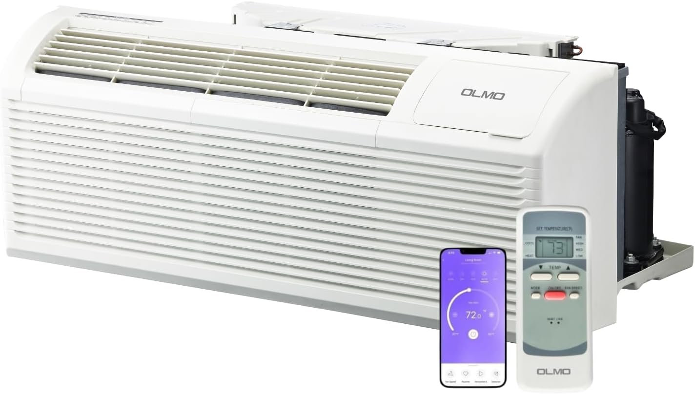 OLMO 9,000 BTU PTAC – Heating & Cooling – Packaged Terminal Air Conditioner & Heat Strip – Built-In 3.5kW Electric Heater – Includes Wireless Smart Kit, Remote & Power Cord – R-32 Refrigerant