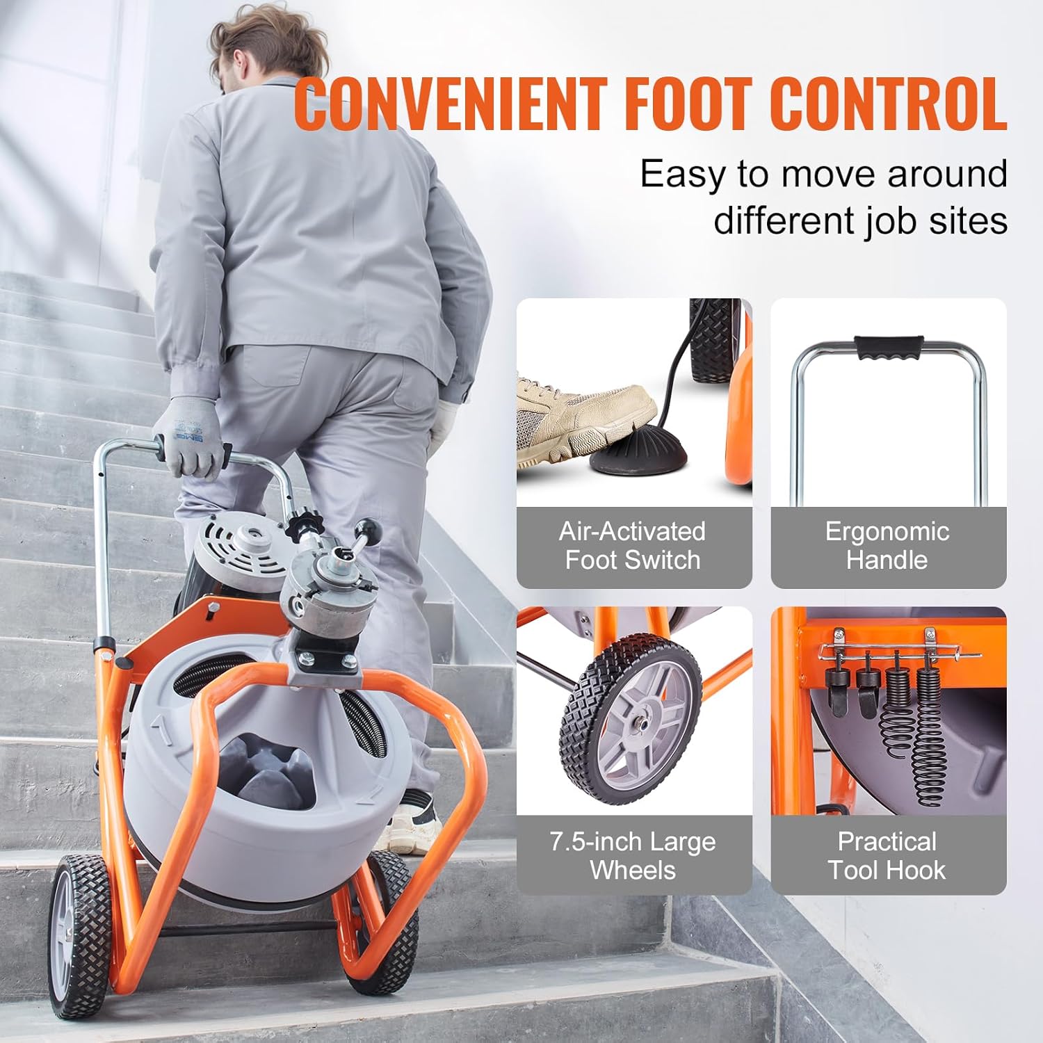 VEVOR Drain Cleaner Machine 100FT x 3/8 Inch, Auto Feed Sewer Snake Drain Auger, Portable Drain Cleaning Machine with 8 Cutters & Air-activated Foot Switch for 2