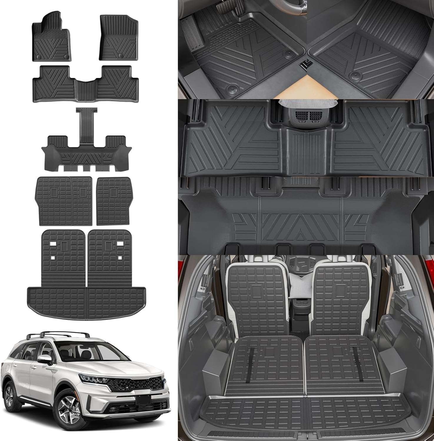 Rongtaod Floor Mats Compatible with 2021-2025 2026 Kia Sorento 6&7 Seats NO Hybrid Cargo Mat Cargo Liner Trunk Liner Trunk Mat Kick Mats Back Seat Protector 2024 Fuel Sorento Accessories (Set of 7)