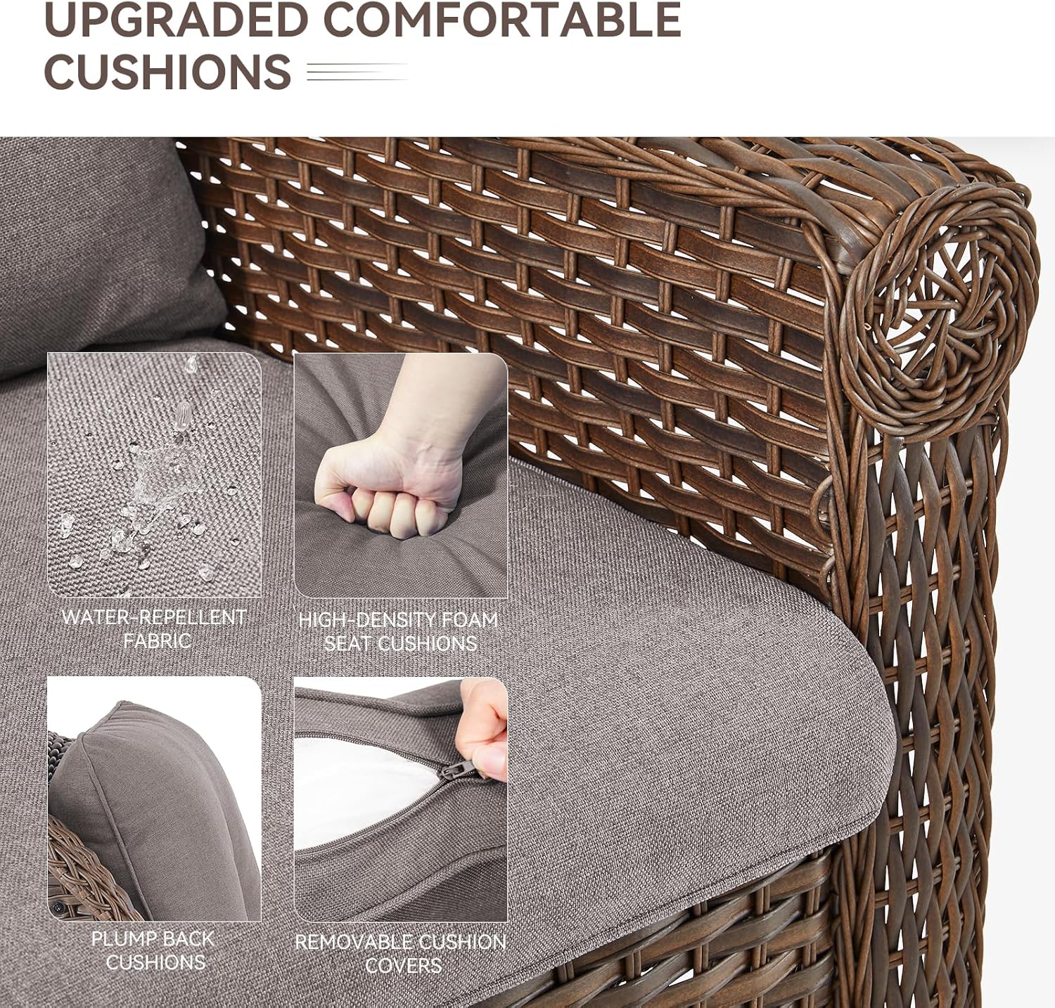 Patio Resin Wicker Furniture Set with Fire Pit Table, 4PCS PE Rattan Conversation Set with Outdoor Fire Table, Brown Wicker Swivel Patio Chairs with Loveseat and Propane Fire Table