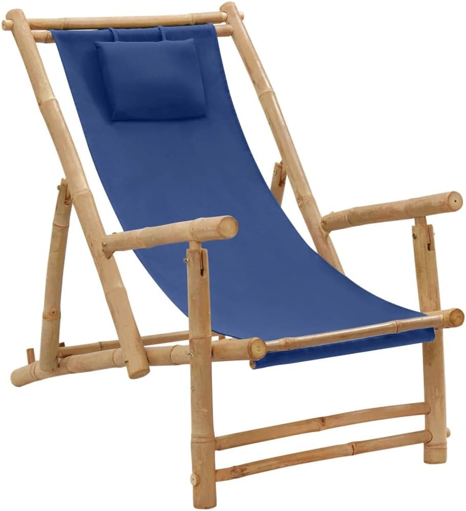 Deck Chair Bamboo and Canvas Navy Blue,Adjustable Bamboo Deck Chair with Comfortable Backrest for Garden, Patio and Terrace Outdoor Furniture, Outdoor Chairs