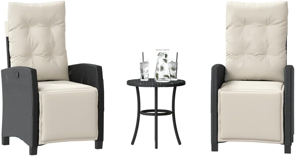 3 Piece Bistro Set with Cushions Black Poly Rattan,Outdoor Rattan Bistro Set with Adjustable Backrest and Washable Cushions for Patio & Balcony Patio Furniture Sets, Outdoor Furniture Sets