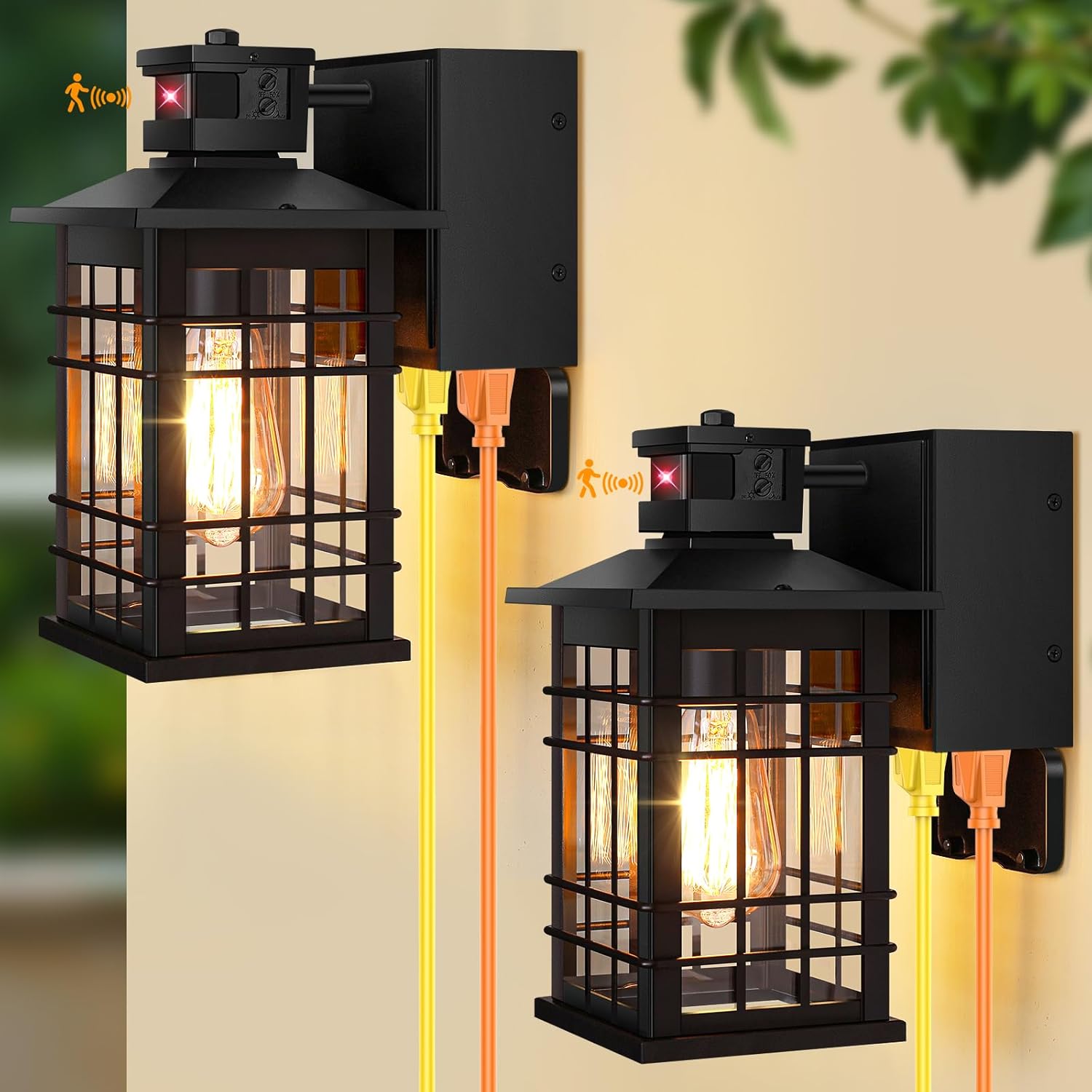 2-Pack Porch Lights with GFCI Outlet, Motion Sensor Dusk to Dawn Waterproof Outdoor Wall Lights, 3 Lighting Modes Black Exterior Light Fixtures for Front Door, Outside Wall Lanterns for House Garage