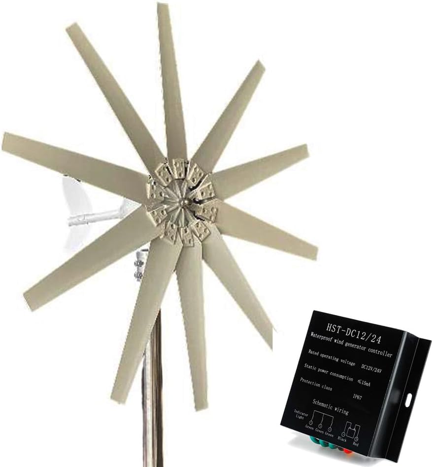 10 Blade Vertical Axis Wind Power Generator 12000W 12V-220V Windmill Generator with MPPT Controller Low Noise Low Wind Speed Start