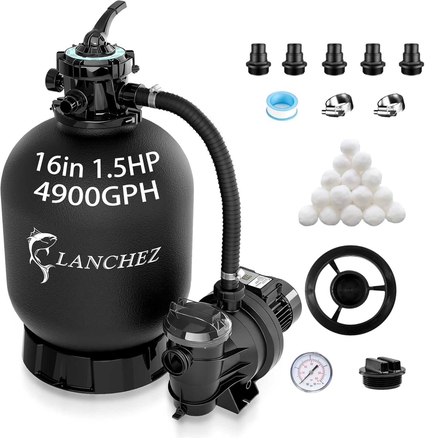 LANCHEZ Sand Filter Pump for Above Ground Pool, High Flow Pool Pump, 6-Way Valve Sand Filter Pump System, 16in 1.5HP 4900GPH with Timer