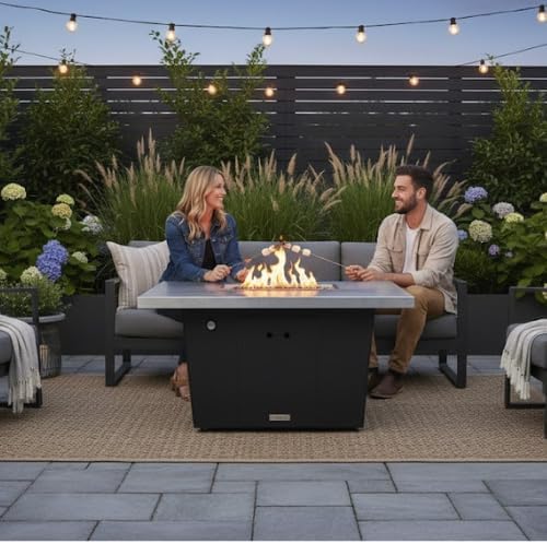COOKE Palisades Rectangular Fire Pit Table - 52x36 - Chat Height - Natural Gas - Brushed Aluminum Top with 3cm Edge - Grey Texture Powdercoat Base