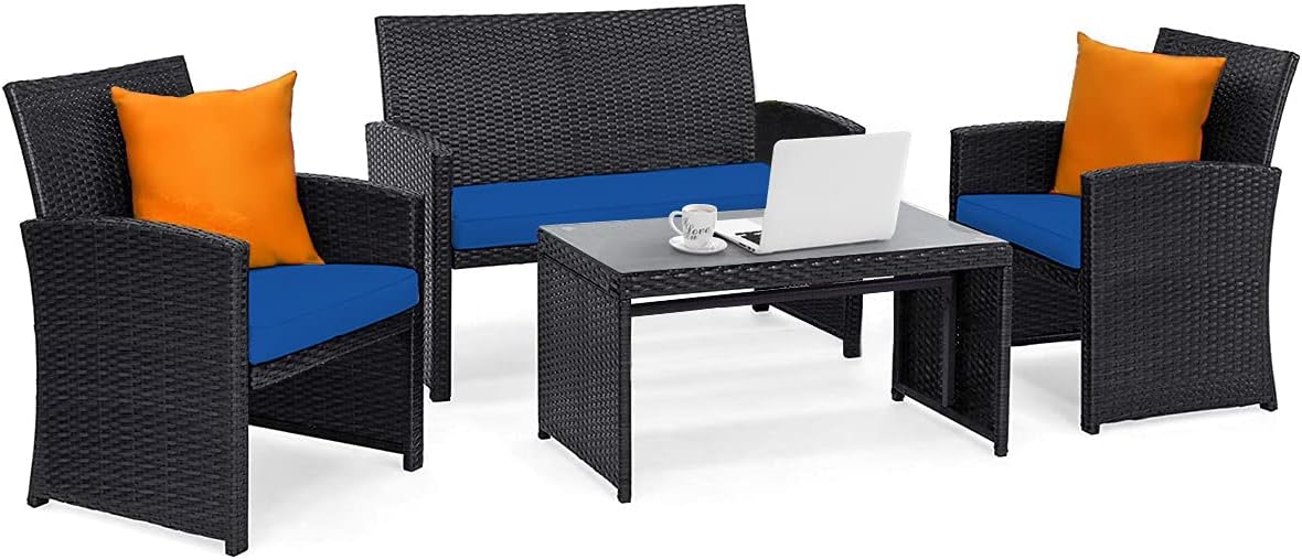 Tangkula 4 Pieces Patio Wicker Conversation Furniture Set, Patiojoy Sofa & Table Set w/4 Seats, Outdoor Rattan Sofa Set for Balcony Backyard, Wicker Chair Set with Tempered Glass Coffee Table
