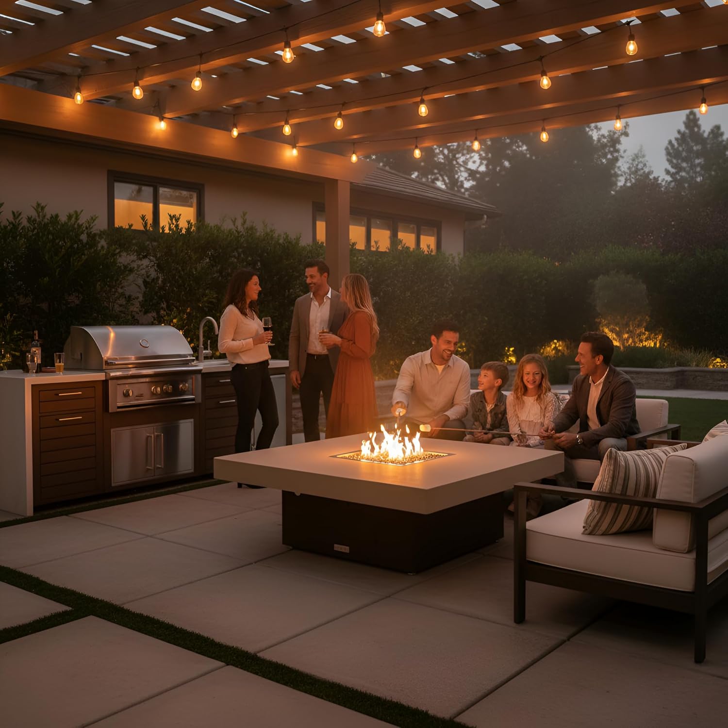 COOKE Santa Barbara 40 x 40 Square Fire Pit Table - Beige Powdercoat Aluminum Top - Propane (Dark Cherry Powdercoat Base)