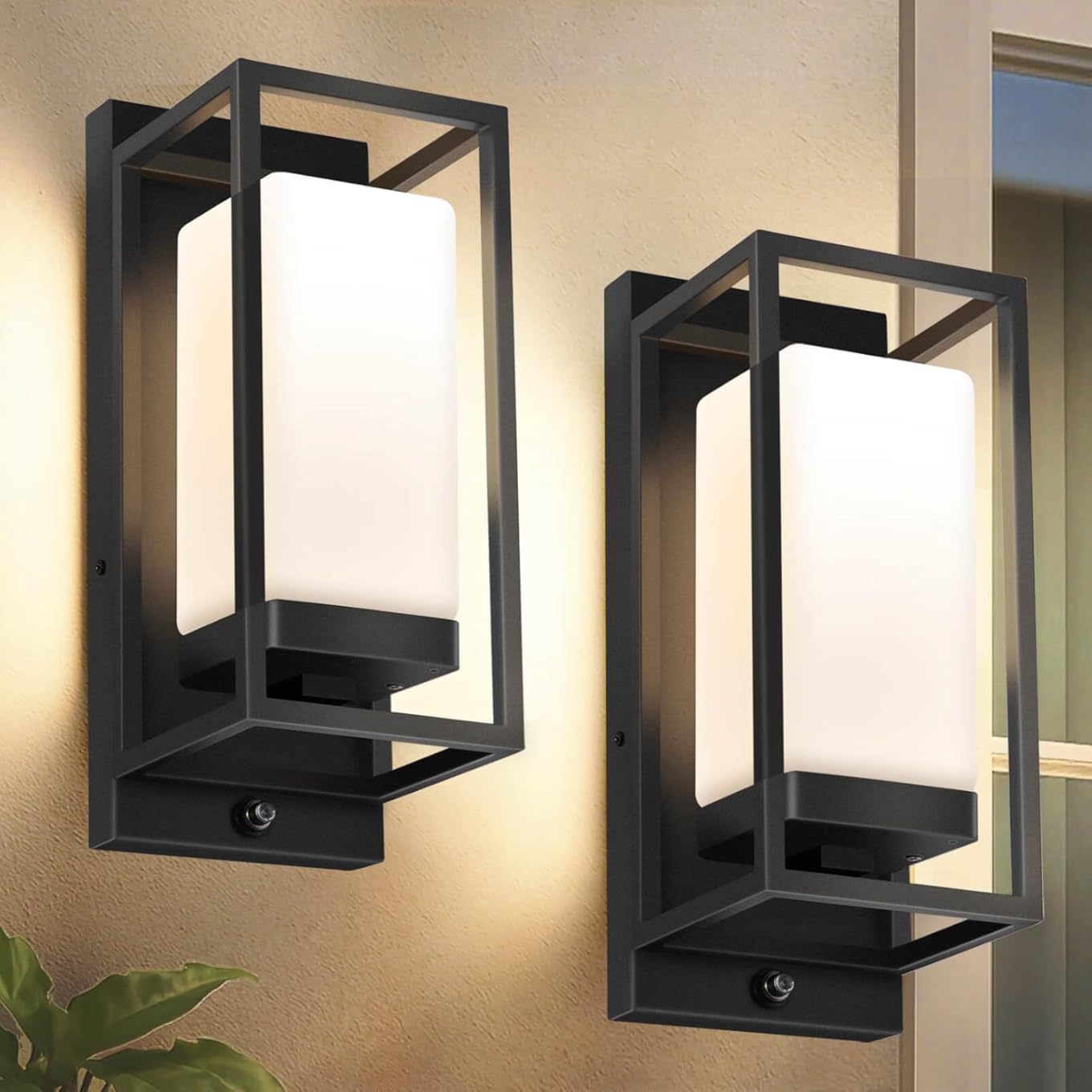 RAYVO Modern Outdoor Wall Light with Dusk to Dawn Sensor, Waterproof Exterior Lighting Fixtures with E26 Base, 3000K LED Bulb Included, Black Outdoor Sconce Lights for Porch Garage Entryway, 2 Pack