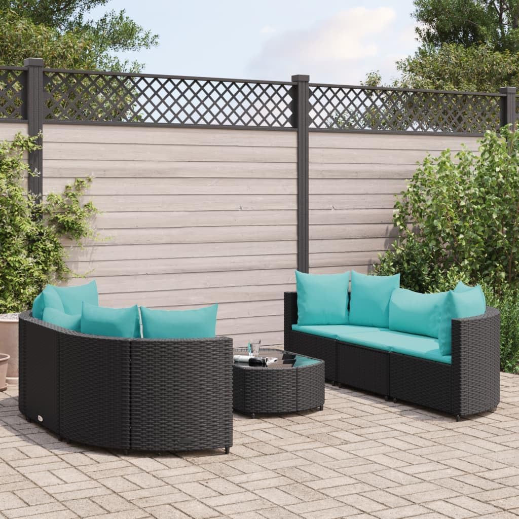 7 Piece Patio Sofa Set with Cushions Black Poly Rattan,Rattan Outdoor Furniture Set with Glass Tabletop Durable and Modular for Patio and Backyard Patio Furniture Sets, Outdoor Furniture Sets