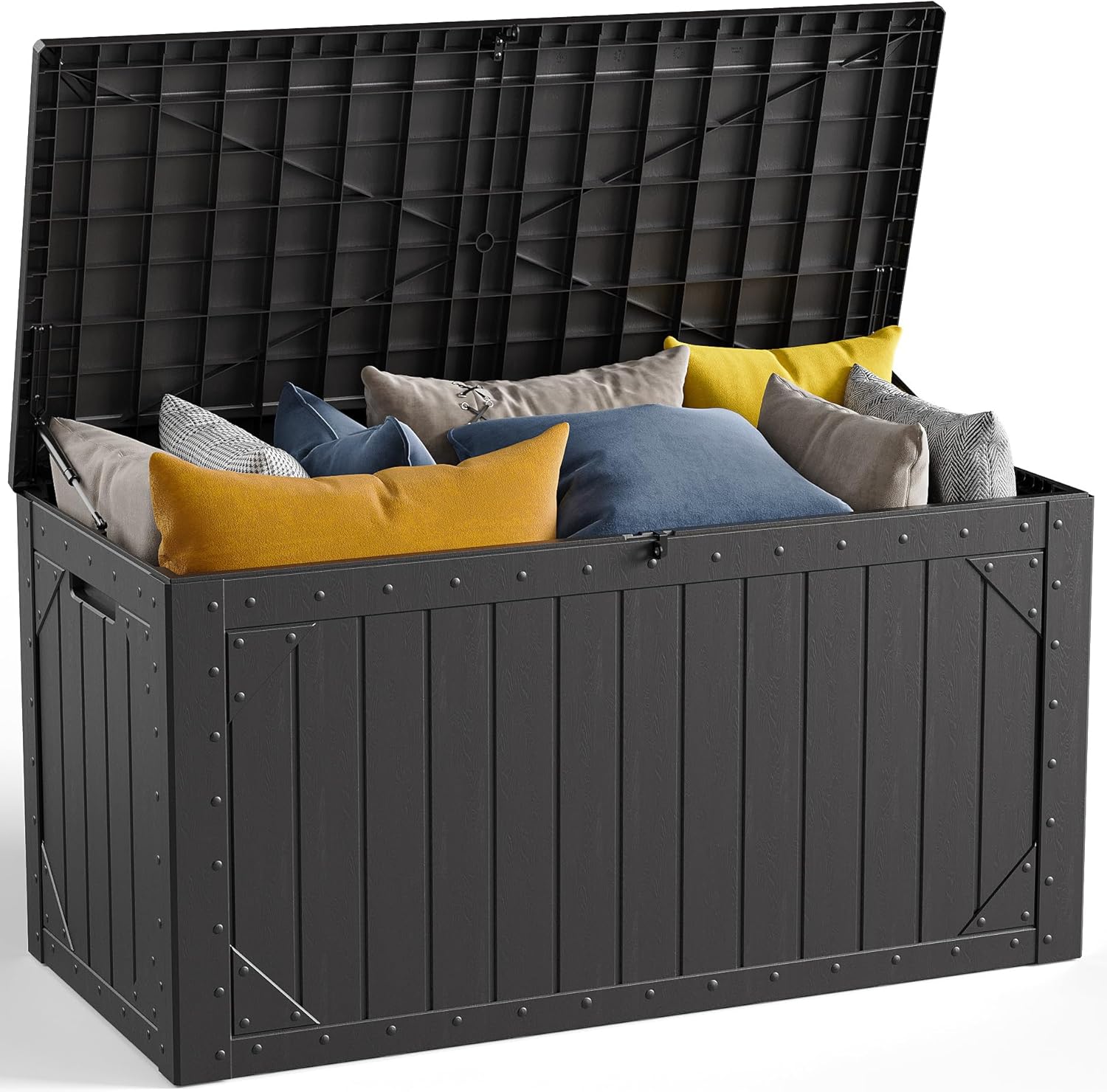 100 Gallon Outdoor Storage Box, Waterproof Resin Deck Box Organizer for Patio Cushion Storage, Lockable Outside Container for Garden Tools