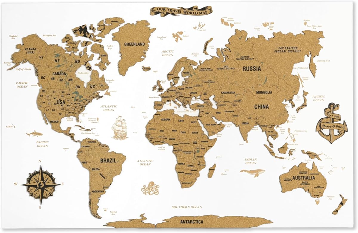 Colorfull Worlds Unframed White Cork World Map Wall Art – 35 x 23 inches – 1-Piece Design – Travel Pin Board – Modern Office & Home Decor