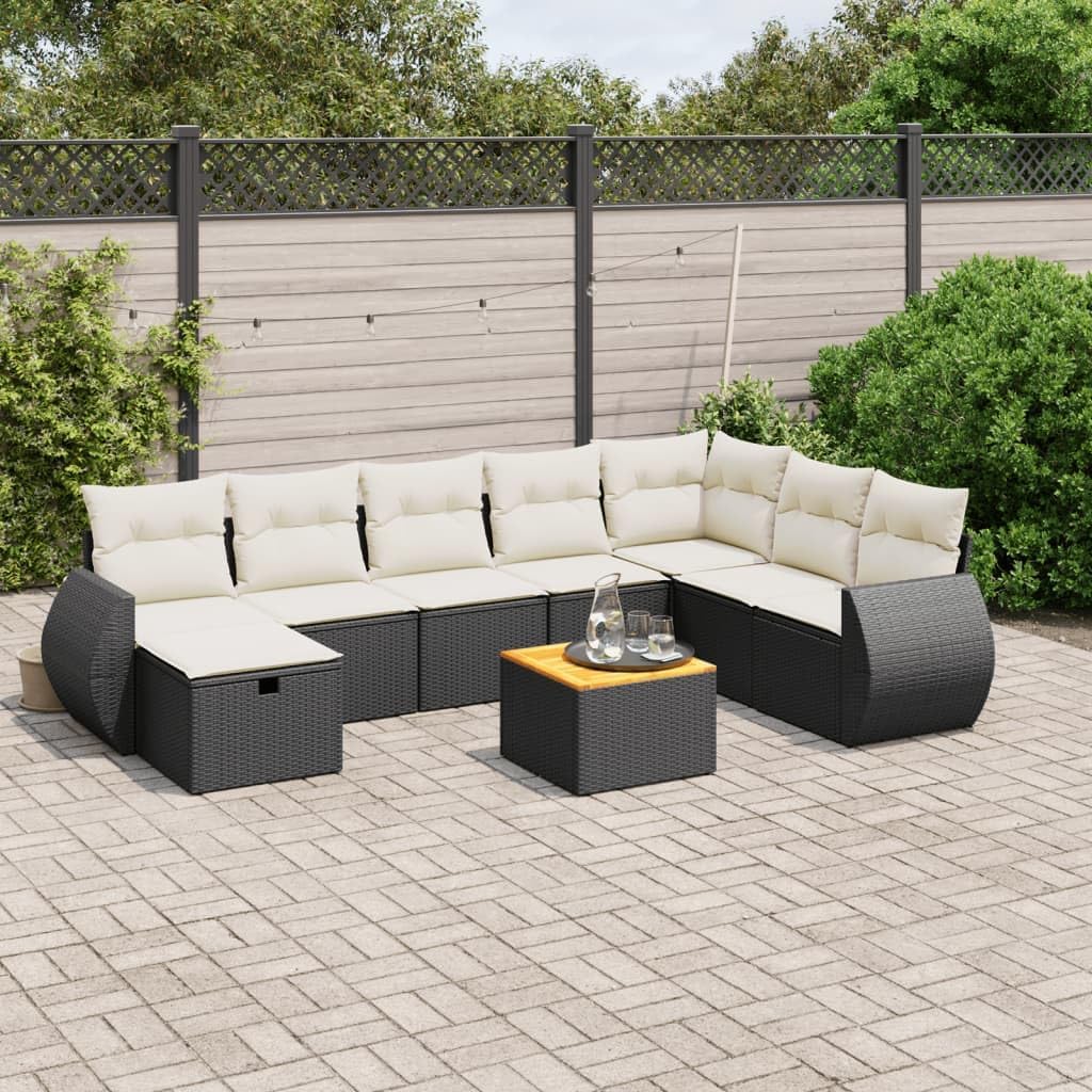 Garden Sofa Set Black PE Rattan, UV-Resistant Outdoor Patio Furniture, Modular Sectional Seating for 7-9 People, Acacia Wood Tabletop