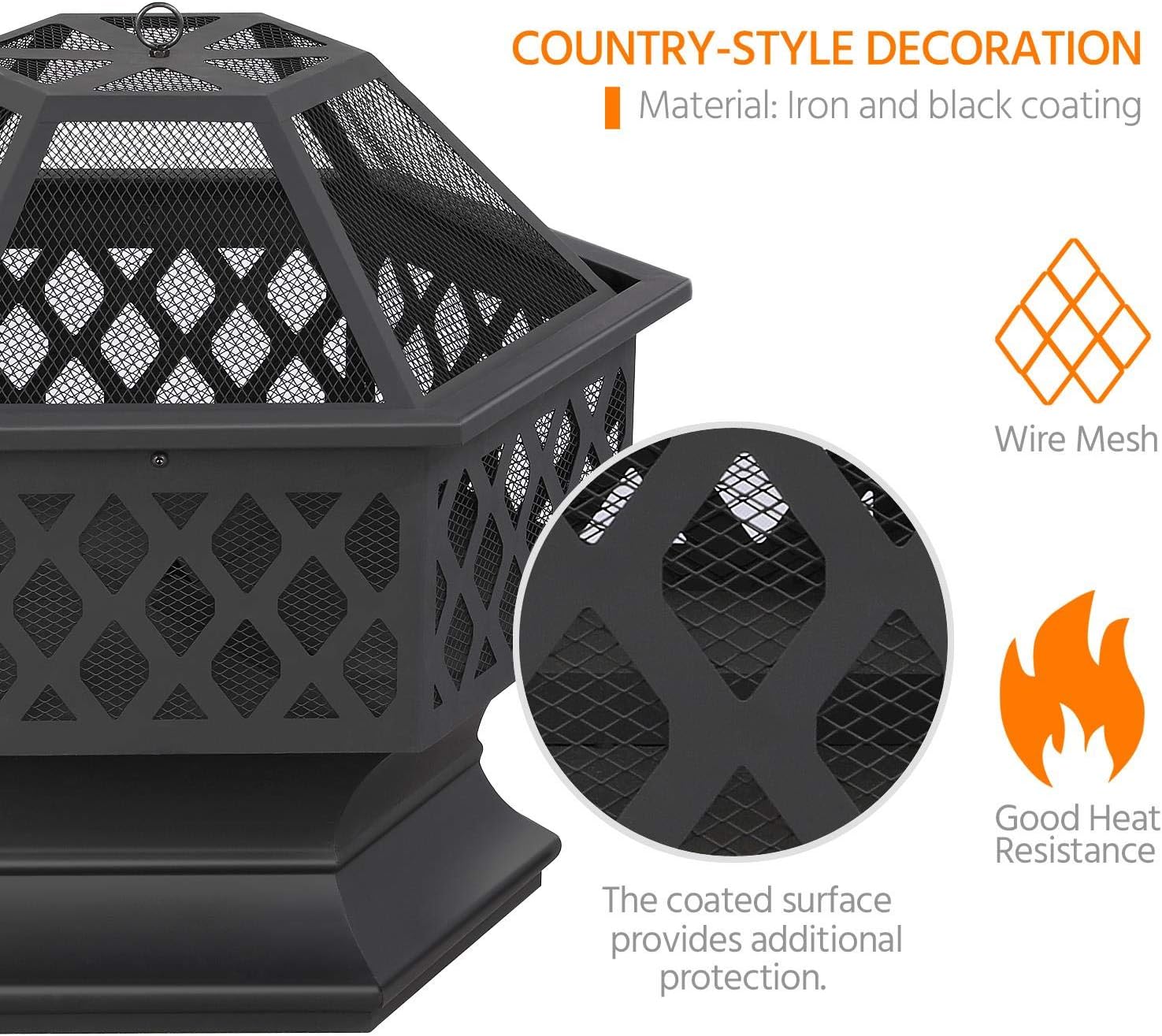 Topeakmart Portable Fire Pit Outdoor Firepit with Mesh Sides Cover Poker Steel Heater Fireplace Wood Burning Pit Hexagon Shaped Fireplace Metal Brazier 24in